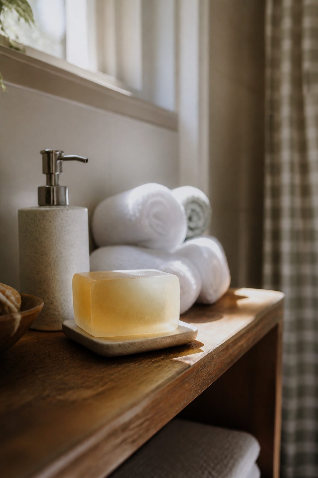 A buffing bar and liquid soap on a well-used bathroom shelf.