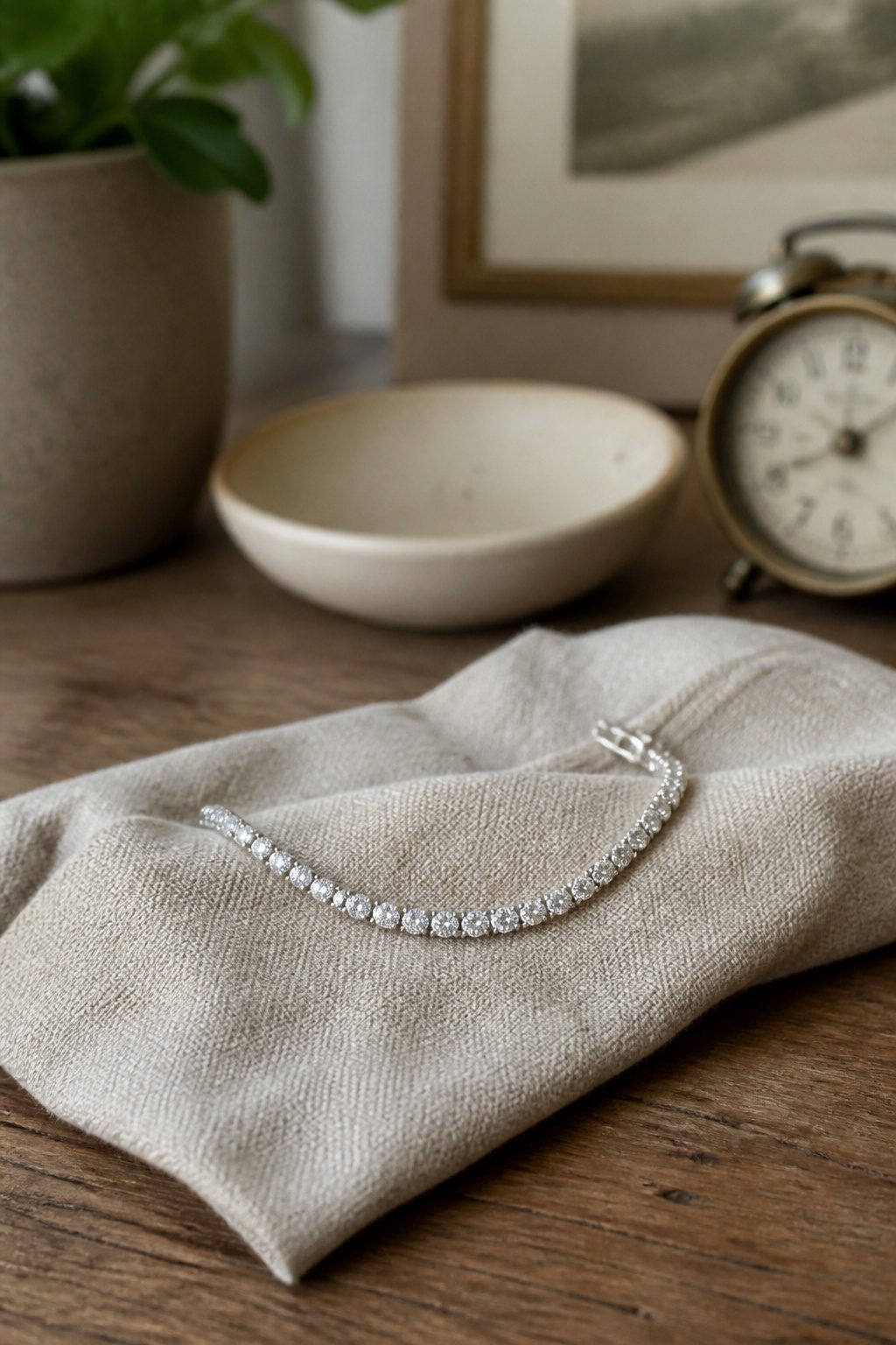 A tennis bracelet displayed on a textured napkin with a ceramic dish.