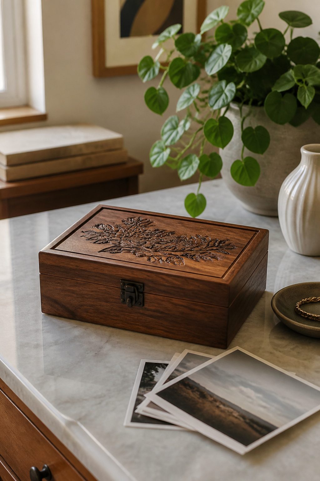 A wooden jewelry box with personal engraving on a marble tabletop.
