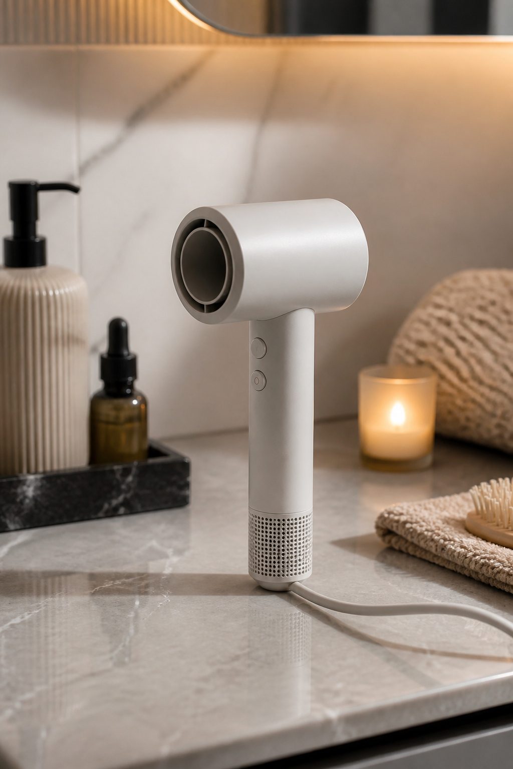 A compact hair dryer and wireless headphones on a table.