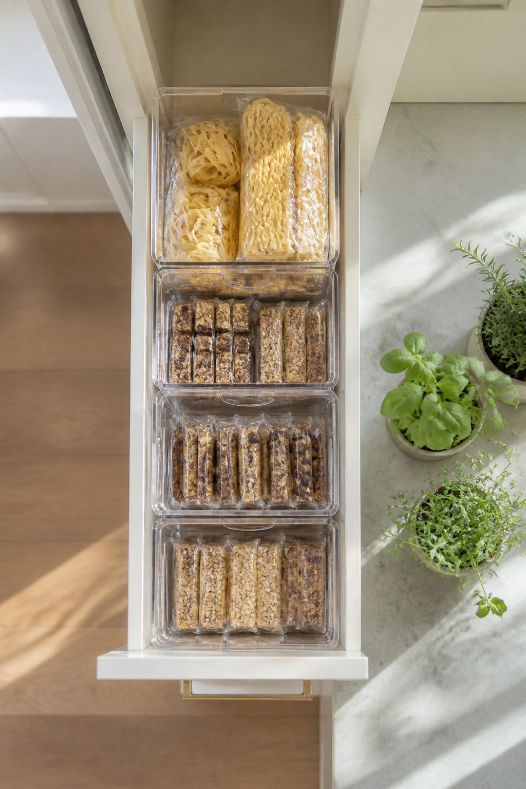 Home Organization Products for Every Room and Closet in 2026 2 Four stackable clear storage drawers filled with food items in a pantry.