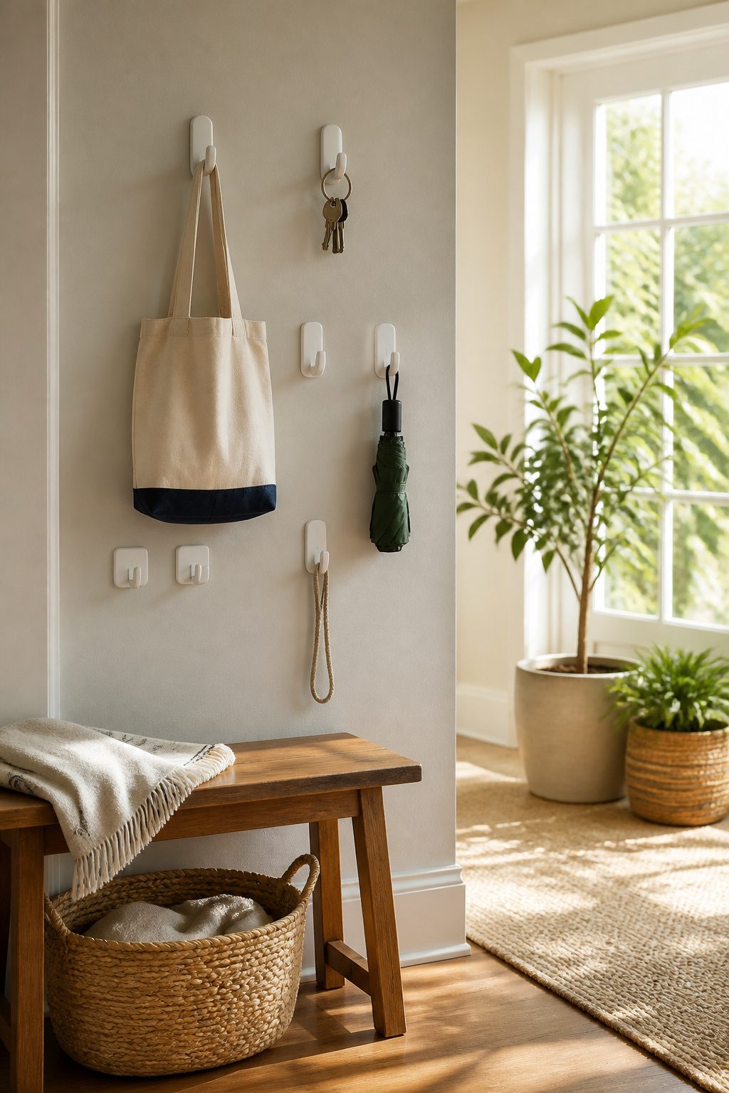 Home Organization Products for Every Room and Closet in 2026 13 An entryway wall displaying various Command hooks holding bags and umbrellas.