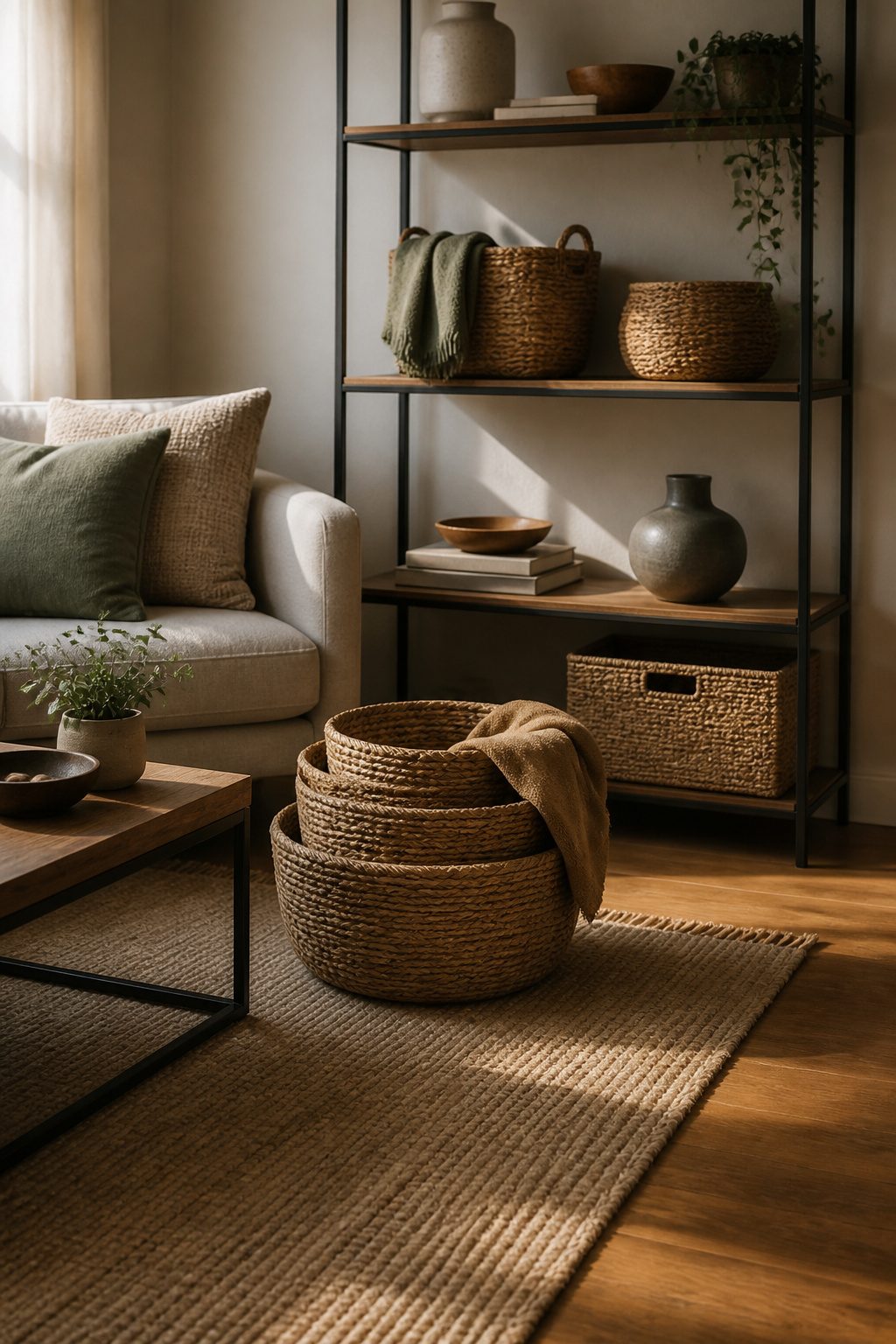 Home Organization Products for Every Room and Closet in 2026 12 A set of decorative seagrass baskets on open shelving in a living room.