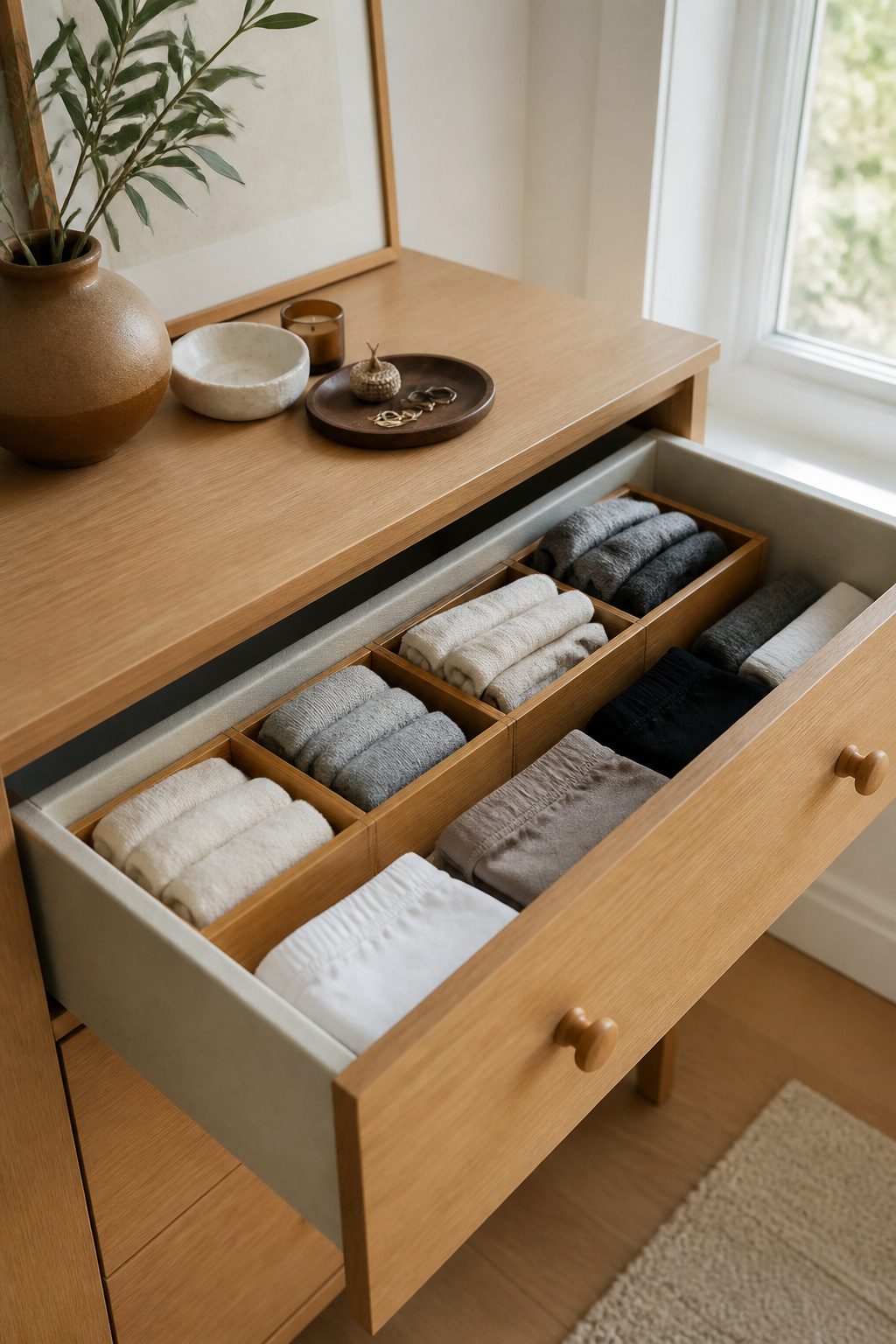 Home Organization Products for Every Room and Closet in 2026 11 A dresser drawer with neatly stacked socks separated by bamboo dividers.