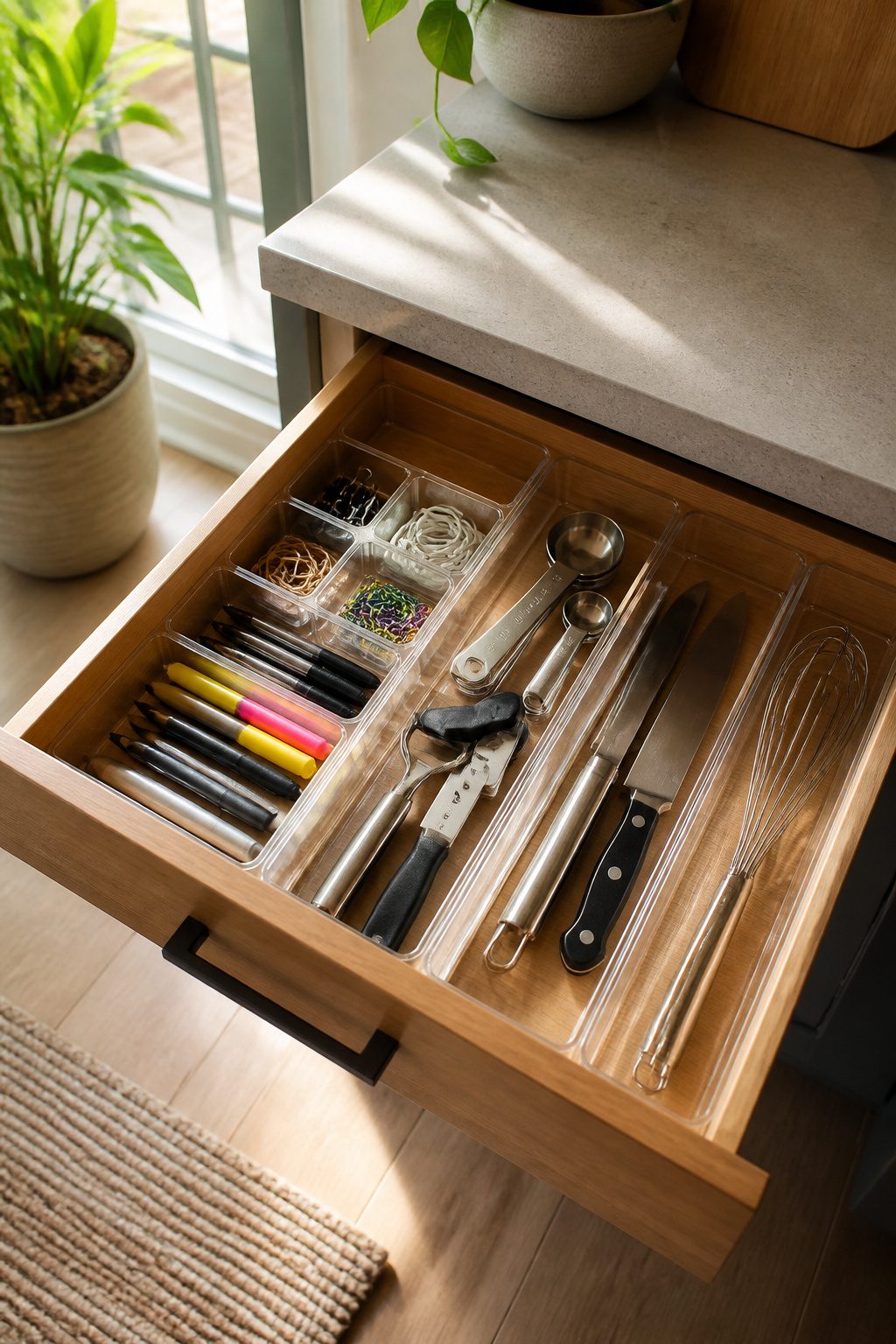 Home Organization Products for Every Room and Closet in 2026 1 A kitchen drawer organized with clear trays holding utensils and office supplies.