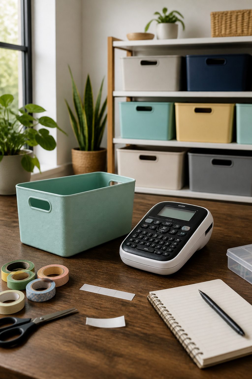 Home Organization Products for Every Room and Closet in 2026 5 A label maker next to labeled storage bins on a workspace.