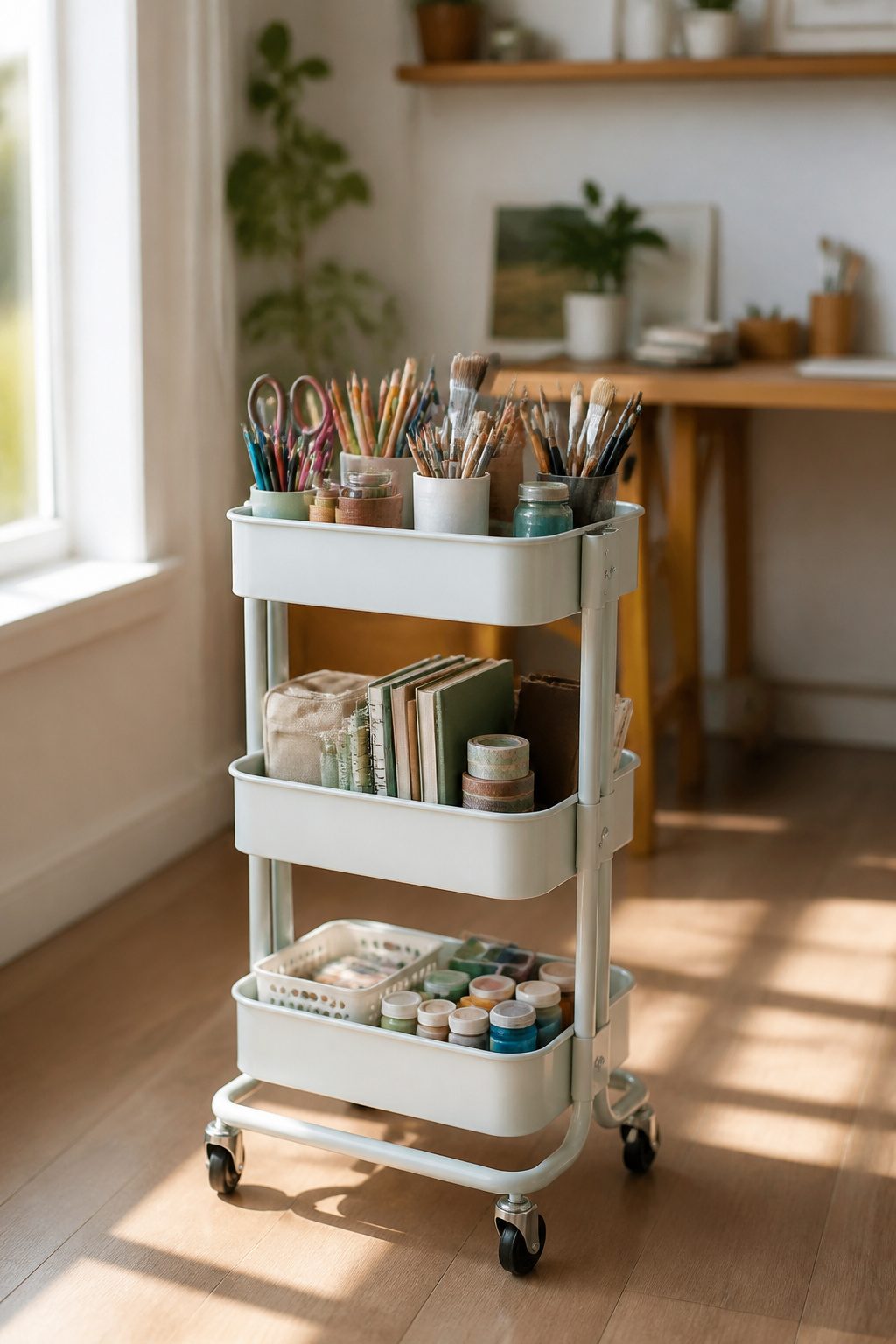 Home Organization Products for Every Room and Closet in 2026 9 A rolling cart with three tiers holding art supplies in a coat closet.