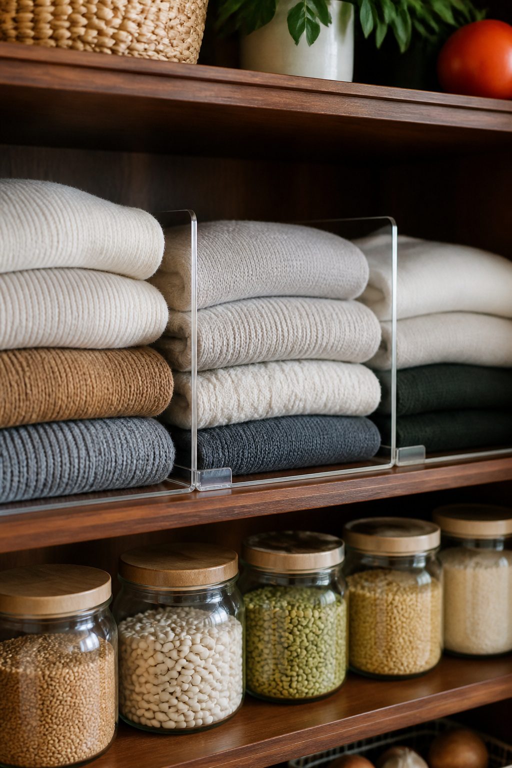 Home Organization Products for Every Room and Closet in 2026 14 A shelf with acrylic dividers holding folded sweaters and jeans.