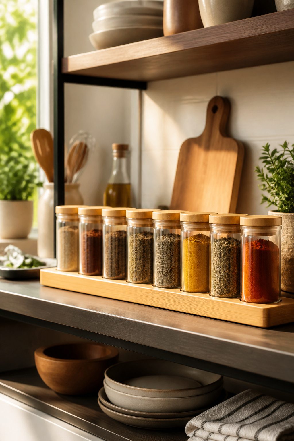 Home Organization Products for Every Room and Closet in 2026 3 Glass spice jars with bamboo lids arranged on a spice rack in a cabinet.