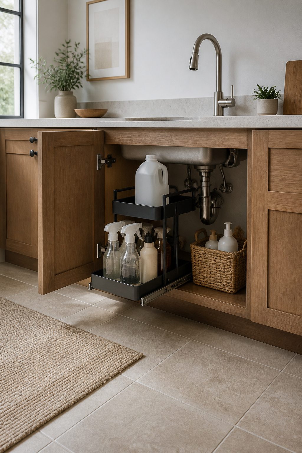 Home Organization Products for Every Room and Closet in 2026 4 A two-tier sliding organizer filled with cleaning supplies under a sink.