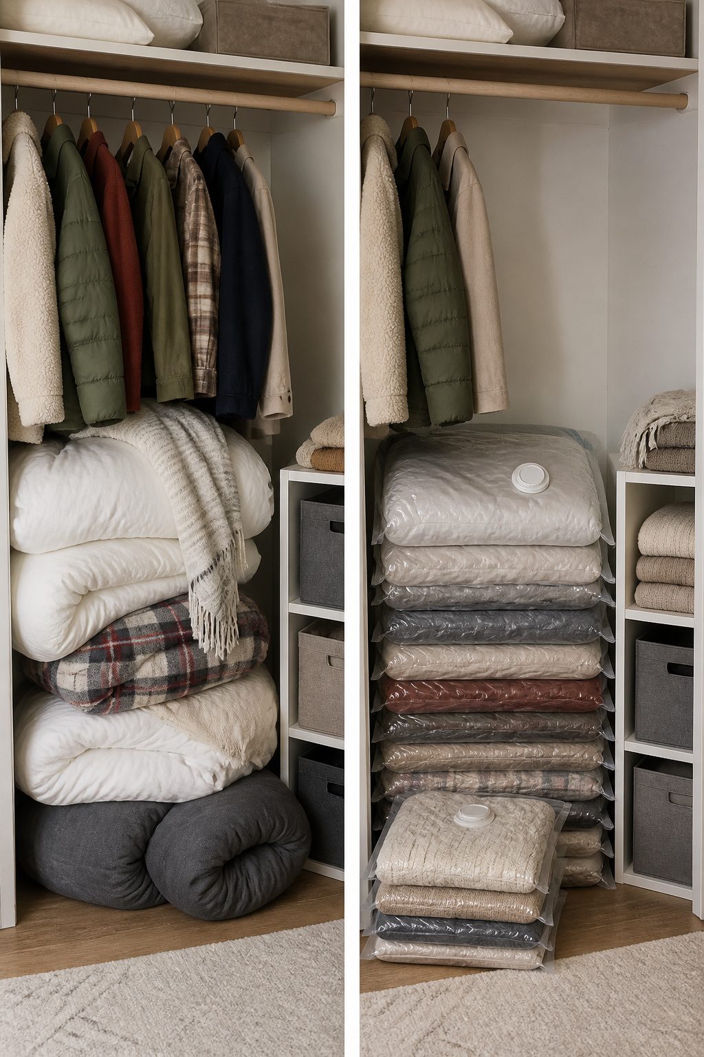 Home Organization Products for Every Room and Closet in 2026 10 Jumbo vacuum storage bags filled with comforters and coats in a closet.