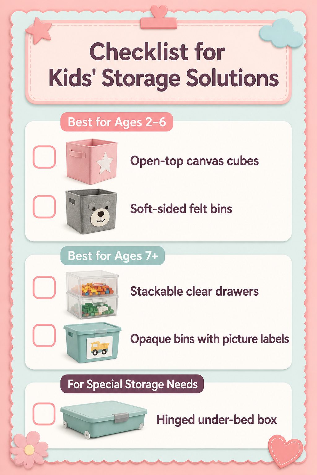 Home Organization Products for Every Room and Closet in 2026 19 A checklist comparing storage solutions suitable for kids.