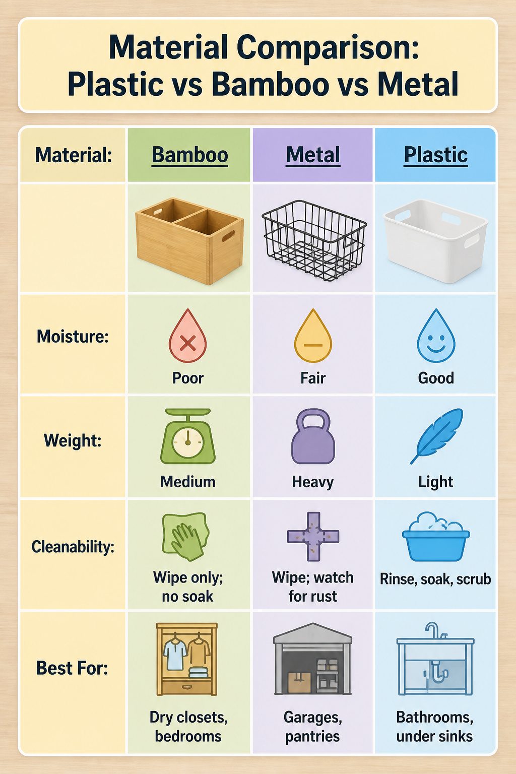 Home Organization Products for Every Room and Closet in 2026 17 A comparison chart of materials for home organization products.
