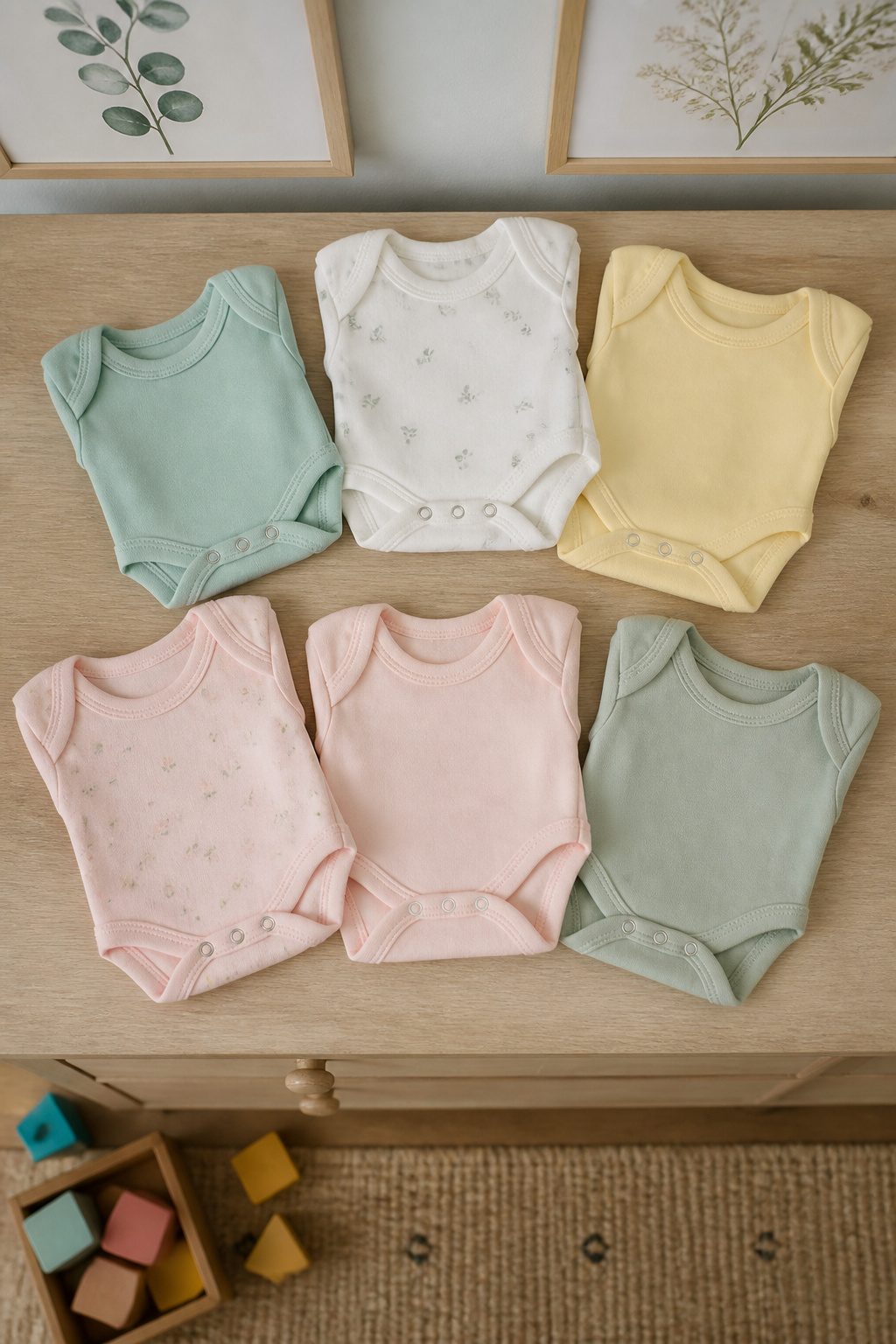 A selection of short-sleeve and long-sleeve bodysuits arranged.