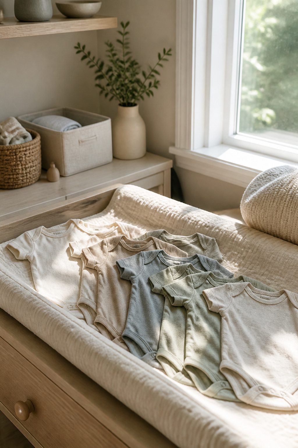 Several organic cotton bodysuits arranged on a changing table.