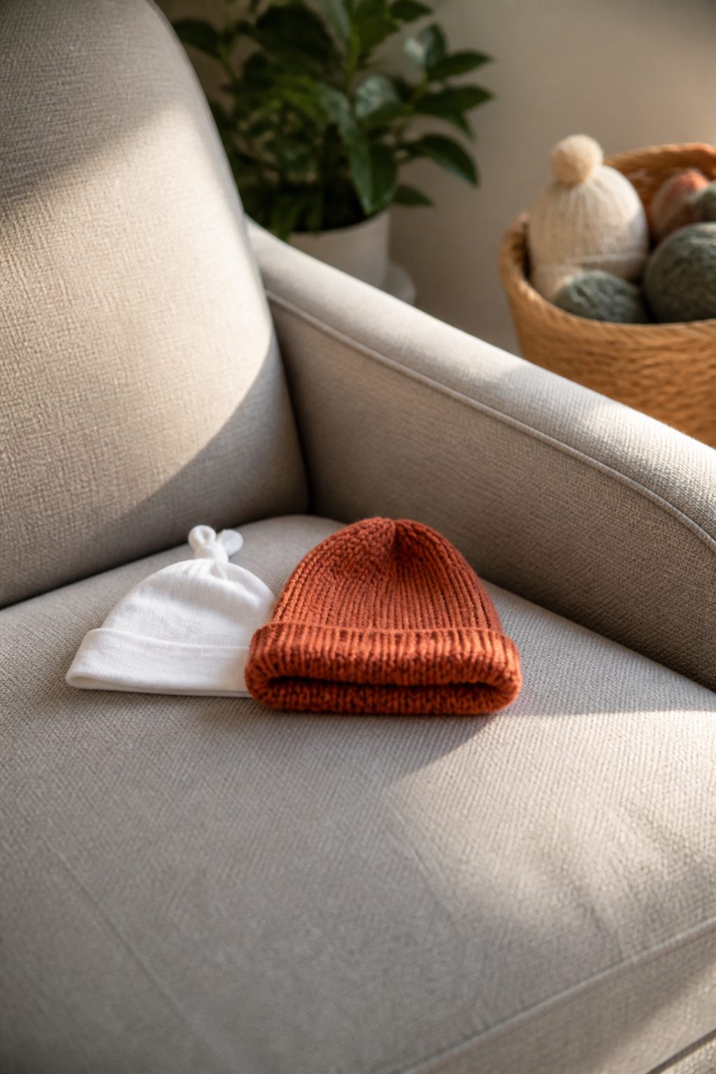 A hospital discharge hat alongside a spare newborn hat.