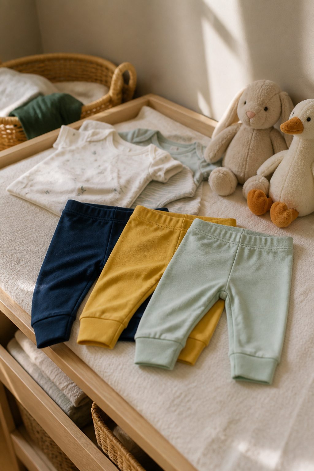 Three pairs of soft leggings displayed on a changing table.
