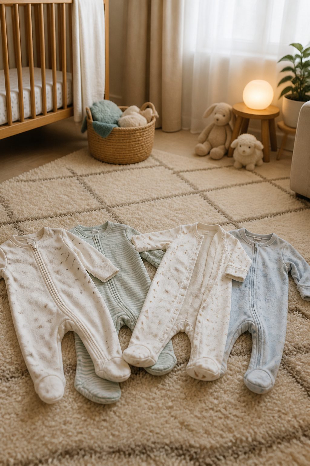 A variety of zippered and snapped sleepers on a plush rug.