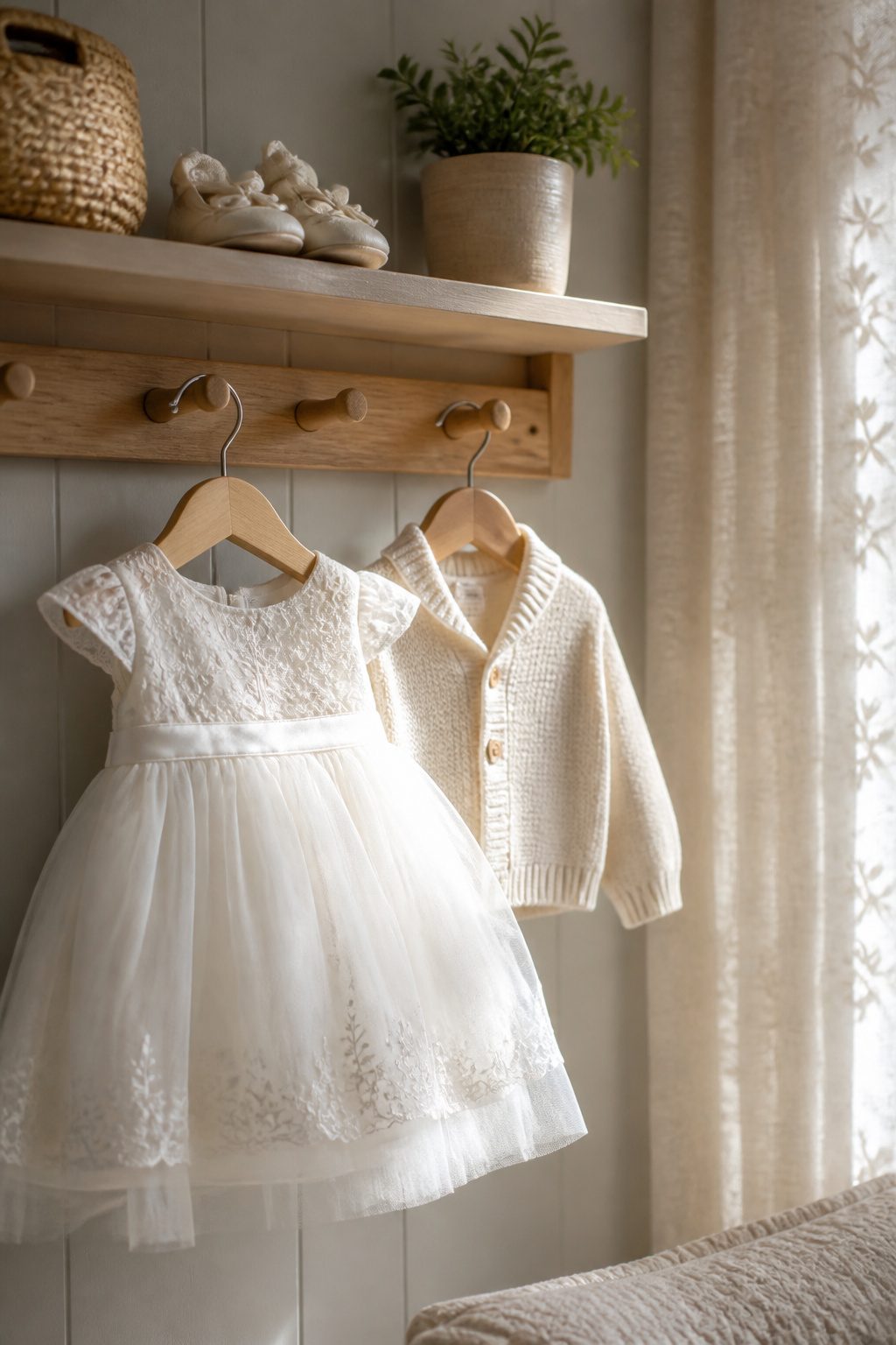 A few special occasion outfits neatly arranged.