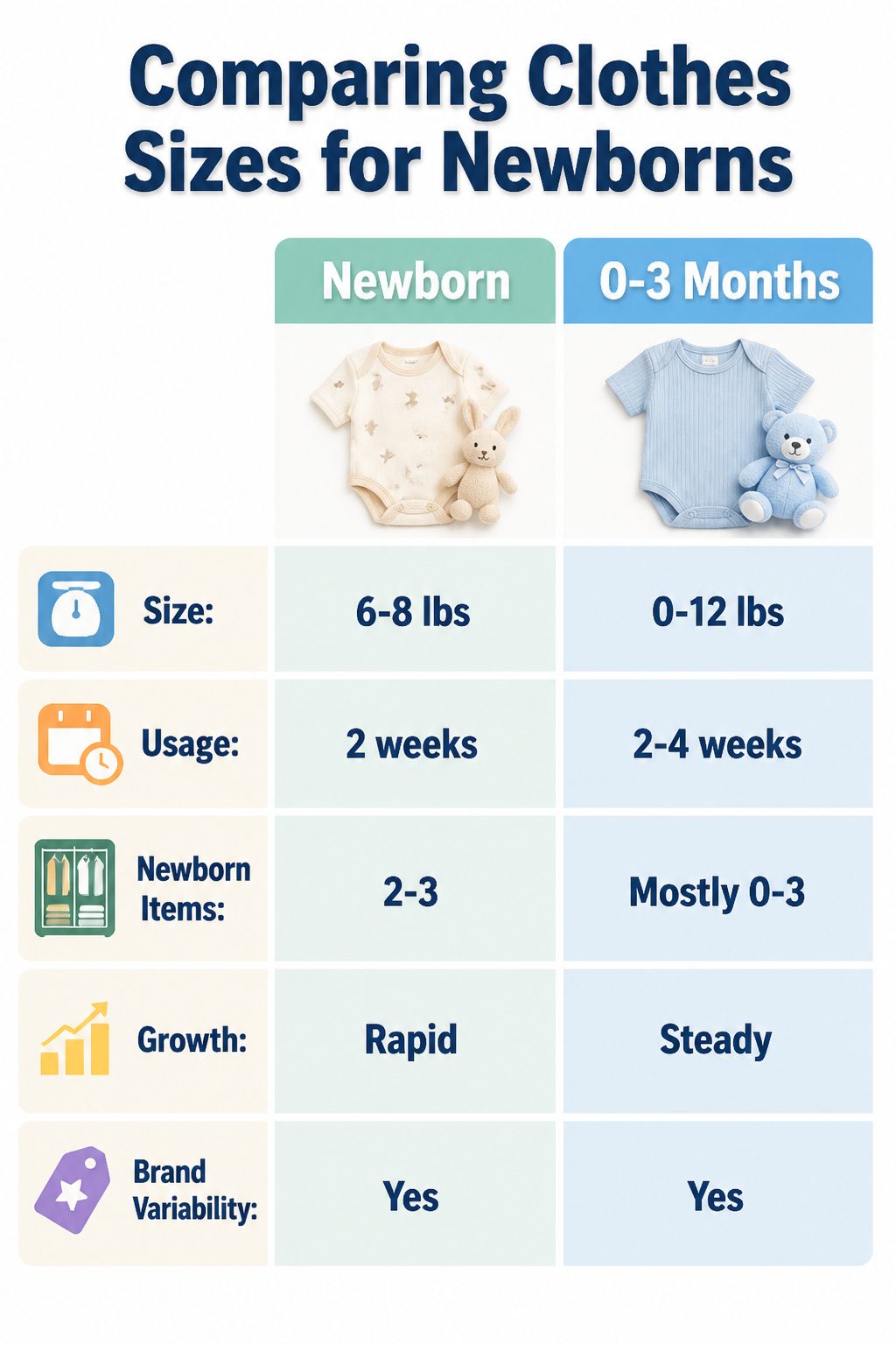 A comparison of newborn and 0-3 month clothing sizes.