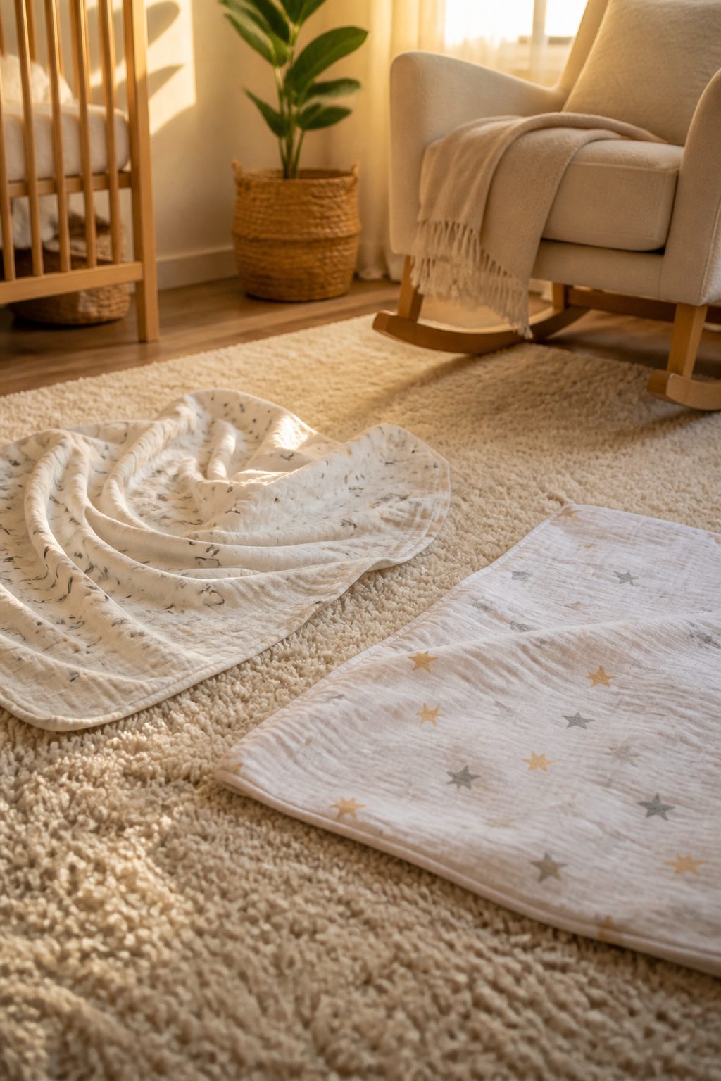A close-up of two large traditional swaddle blankets on a nursery rug.
