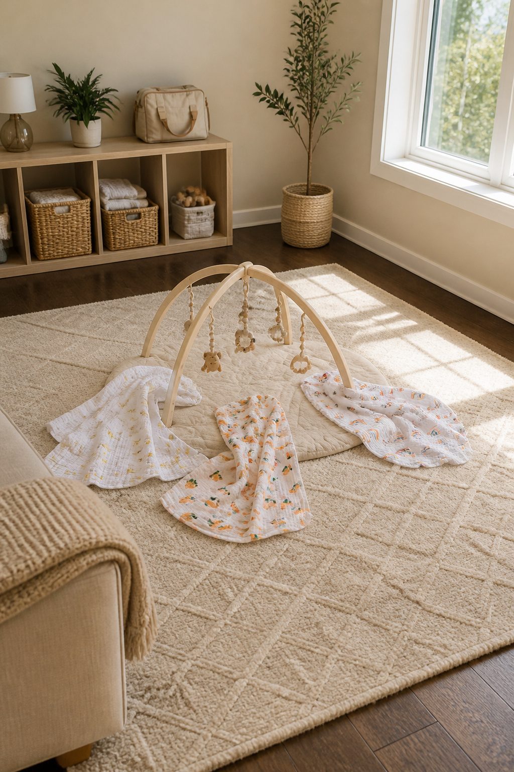 A photo showing various uses of swaddle blankets after swaddling.