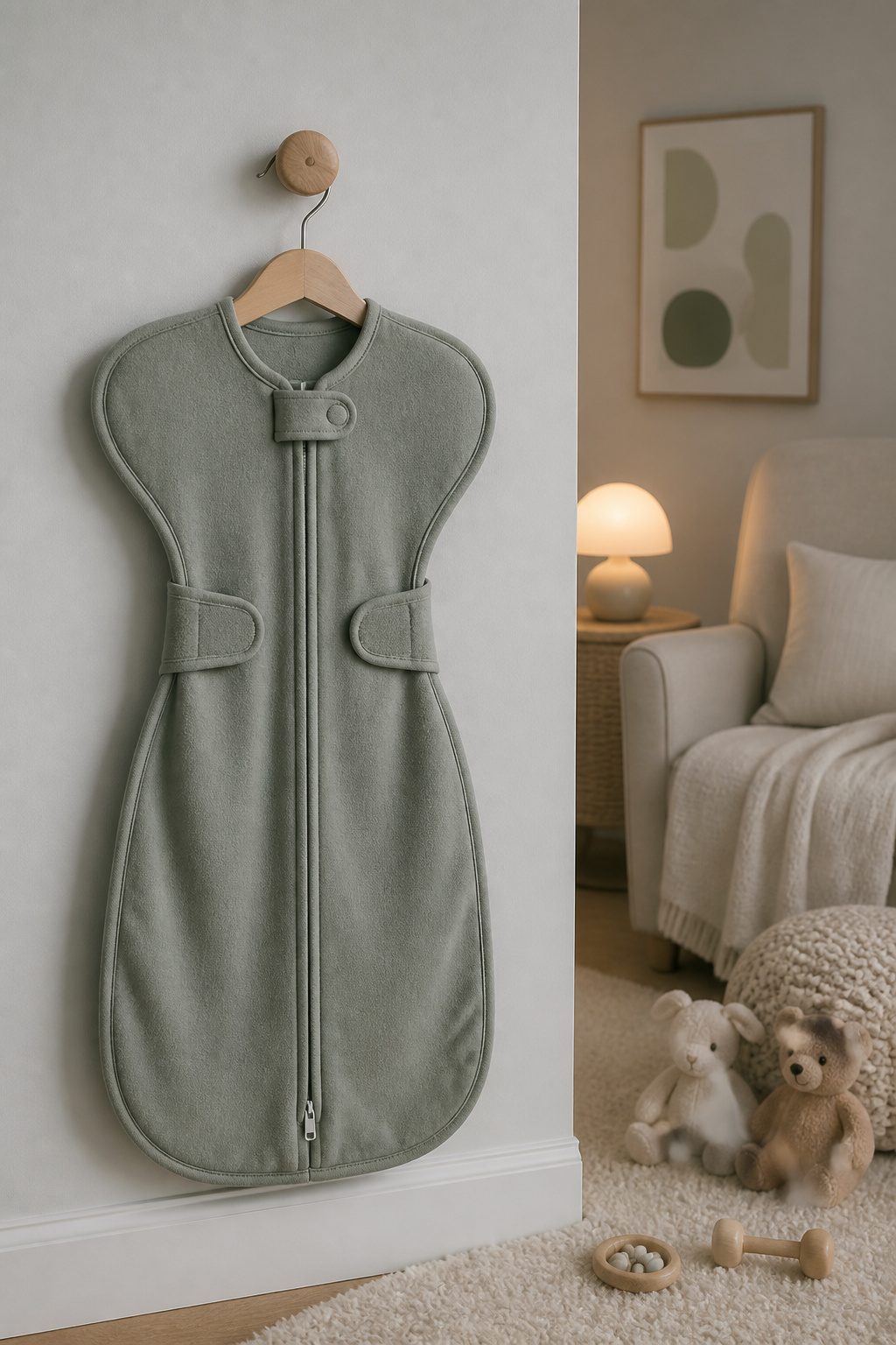 A photo of wearable swaddles featuring zippers and Velcro strips.
