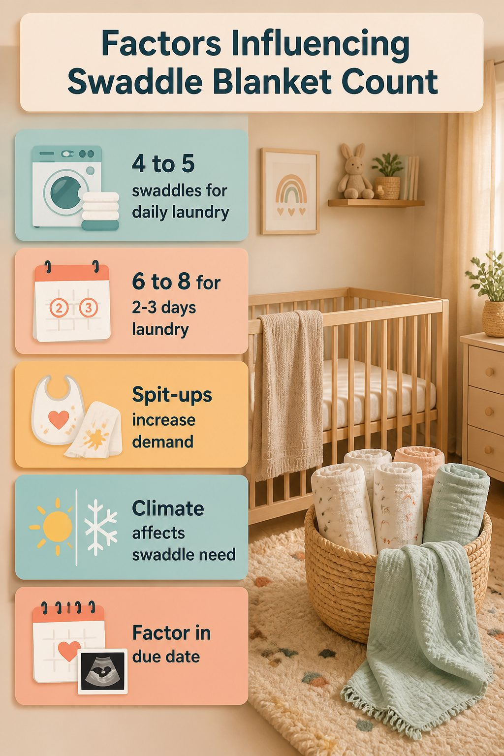 An information image titled 'Factors Influencing Swaddle Blanket Count'.