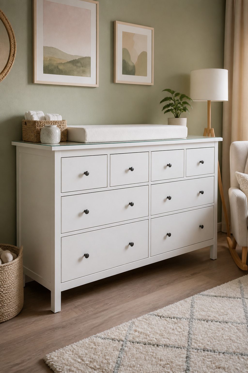 A Hemnes dresser used as a changing table with a foam pad.