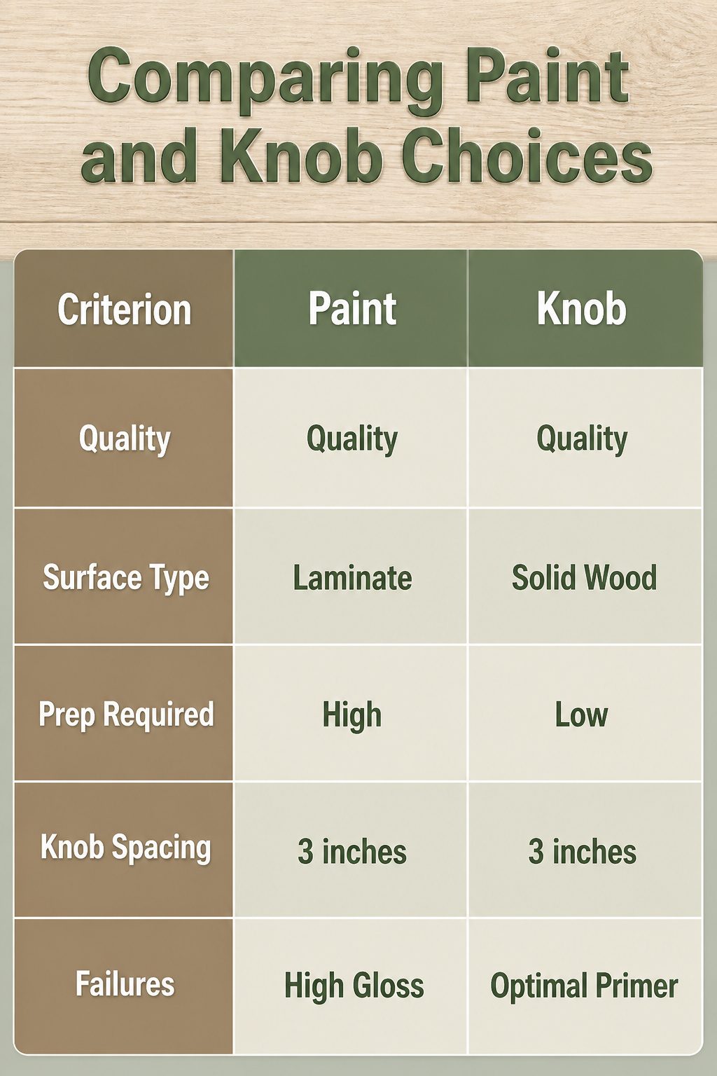 Information comparing paint and knob choices for furniture.