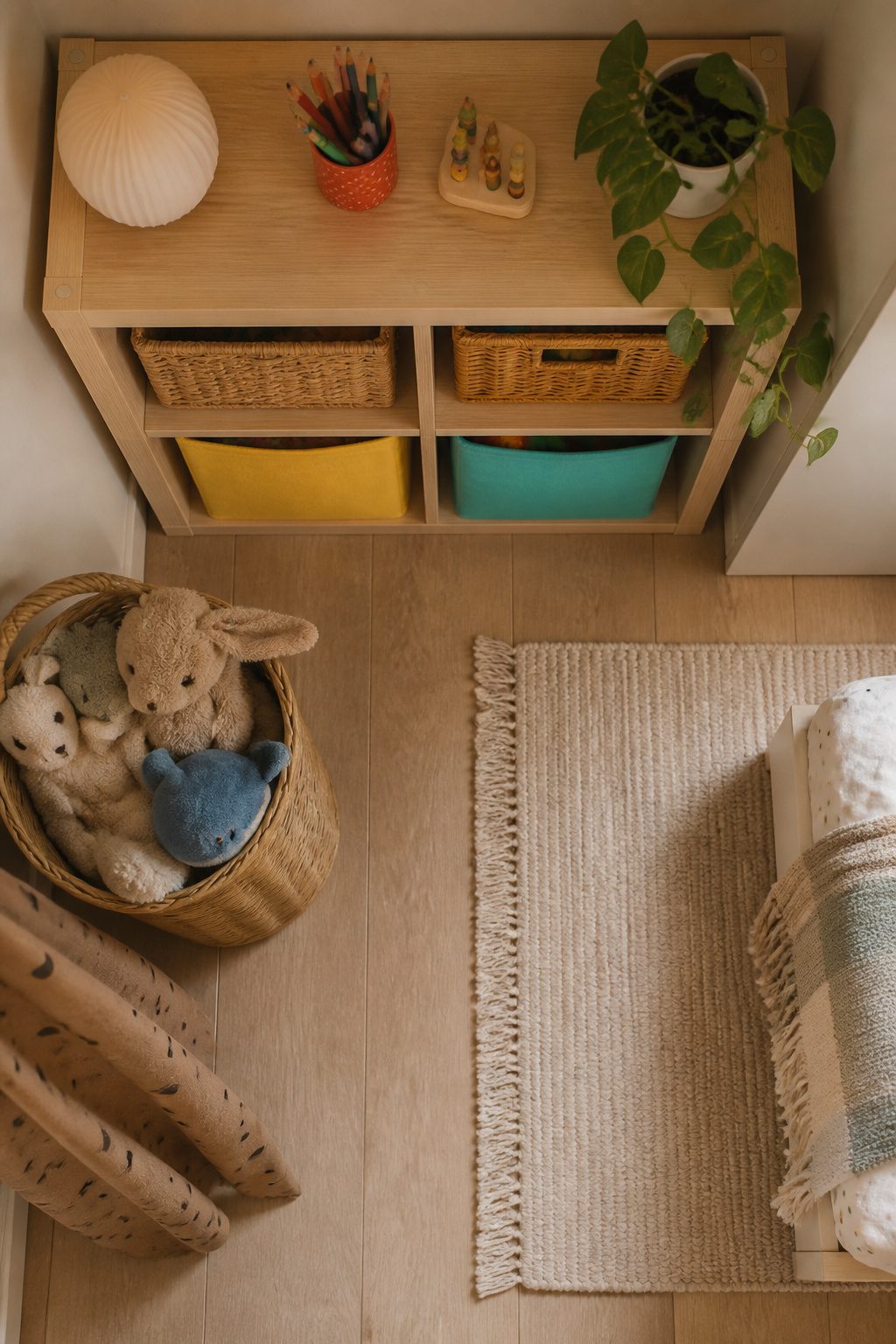 A Kallax shelving unit filled with decorative baskets.