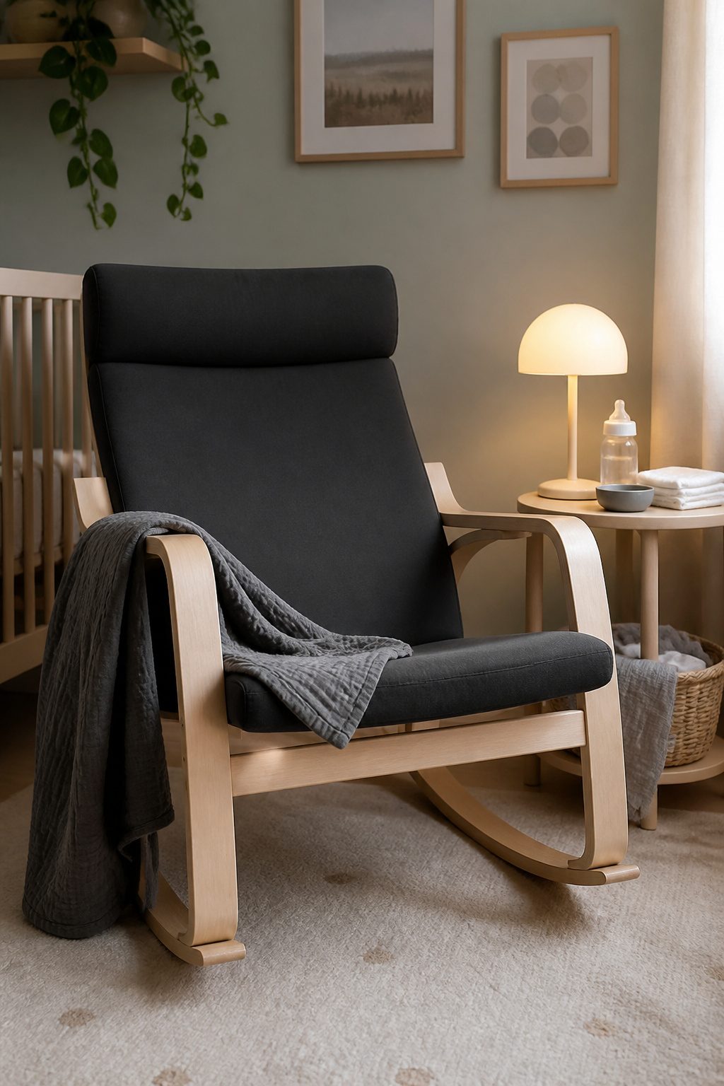A Poäng rocking chair set up for nursing in a cozy nursery.