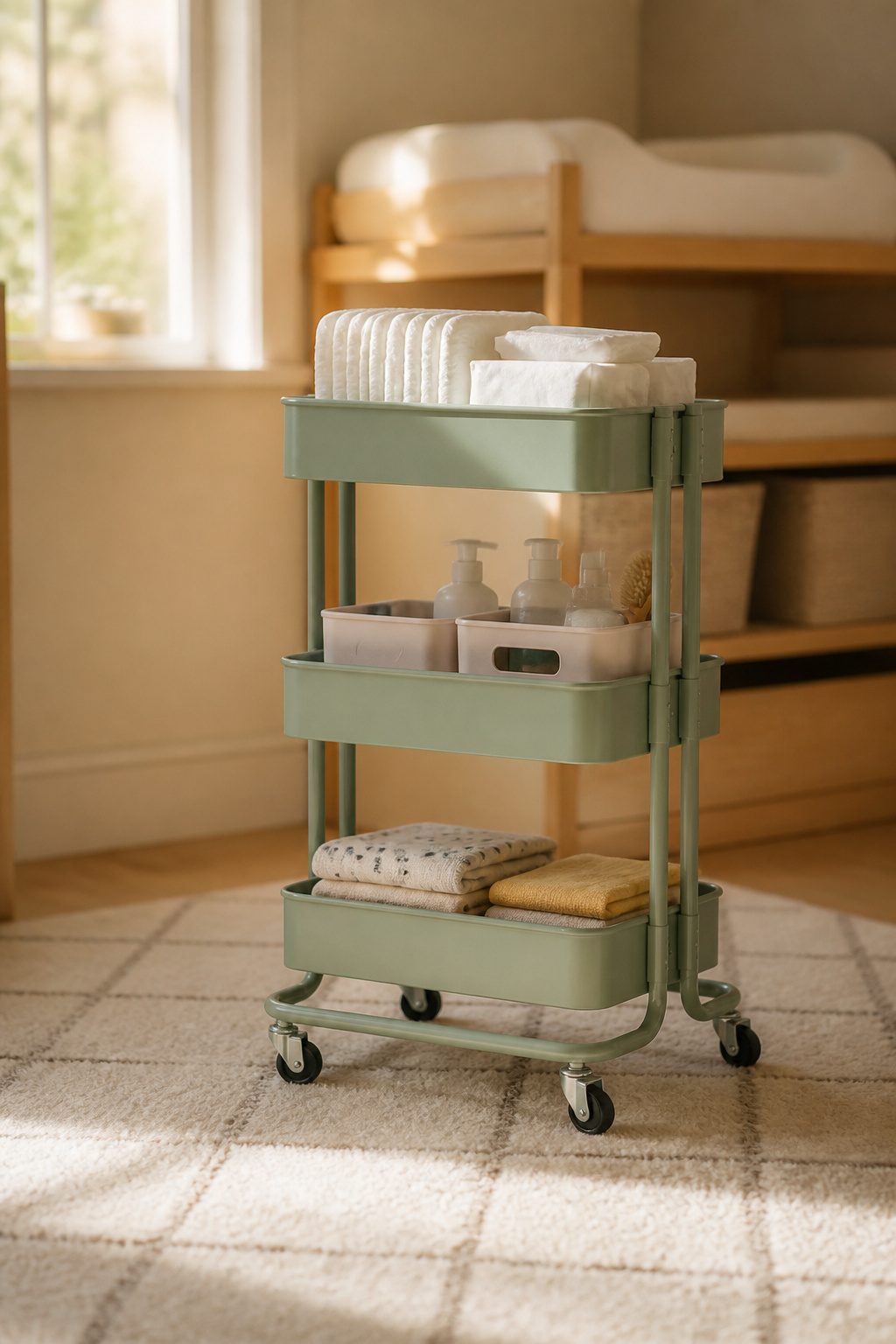 A Råskog cart organized with diapering essentials.