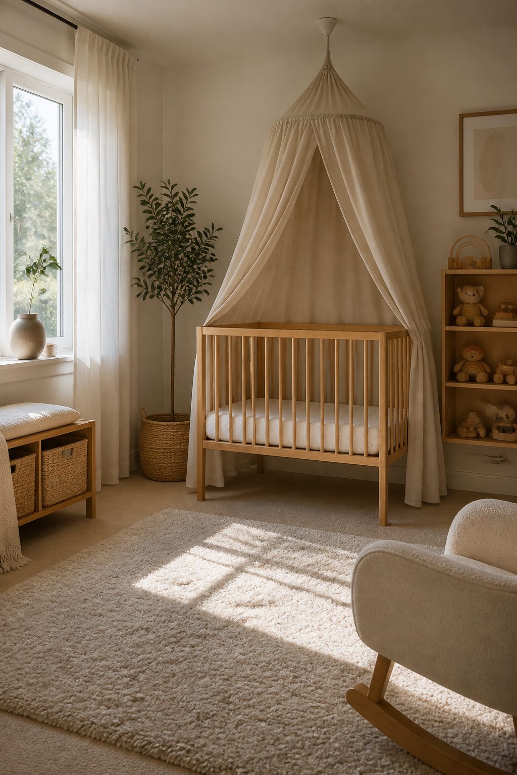 A Sniglar crib with a lightweight muslin canopy above it.
