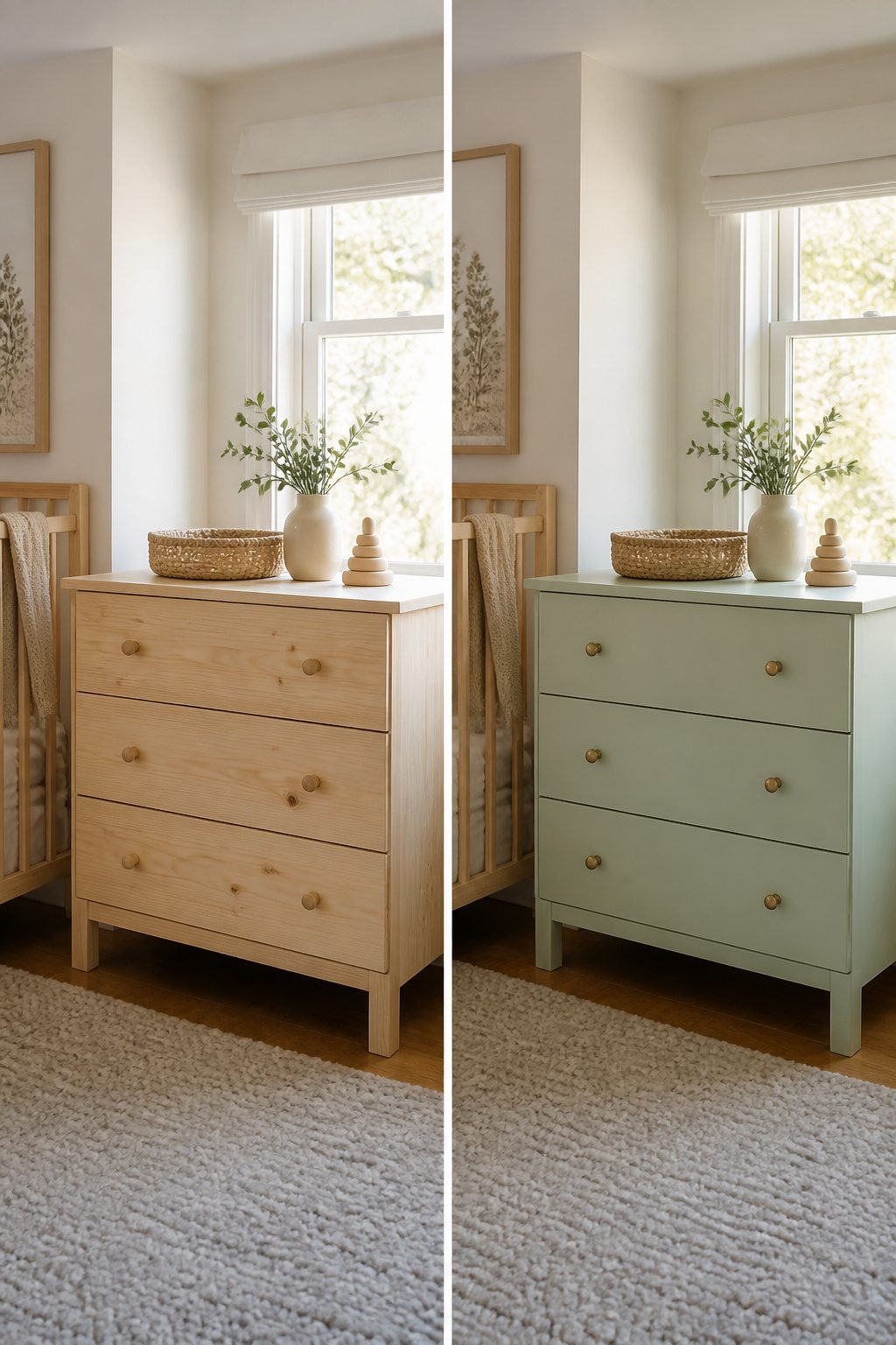 A Tarva dresser painted in muted mint with new hardware.
