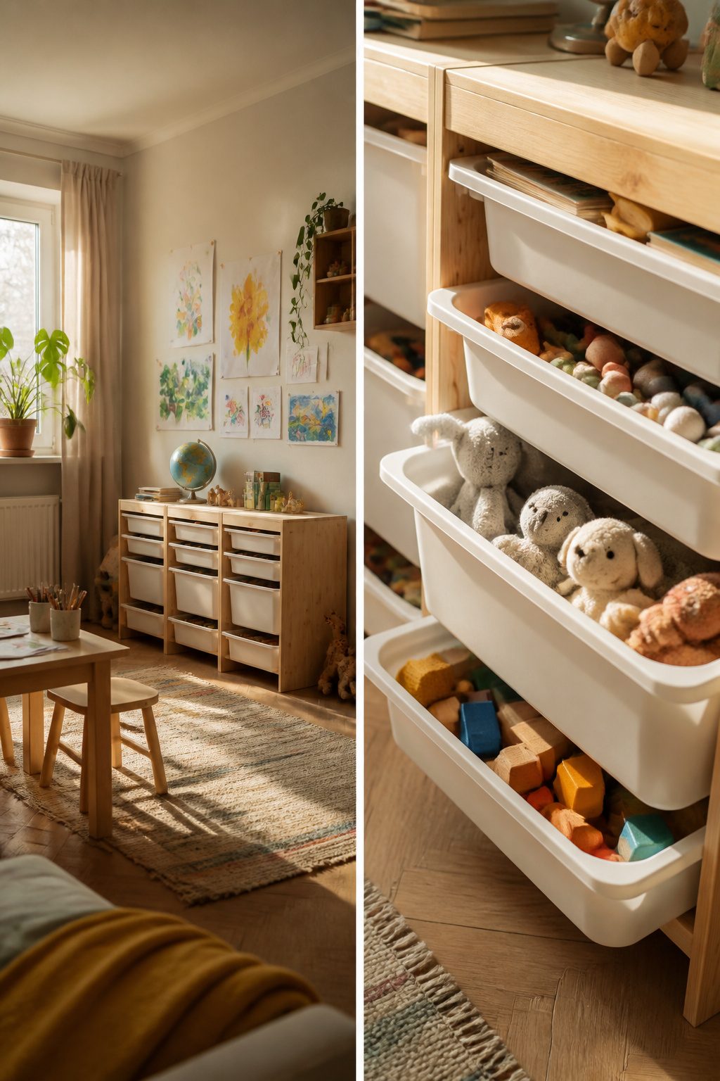 Trofast storage frames with colorful bins for toys.