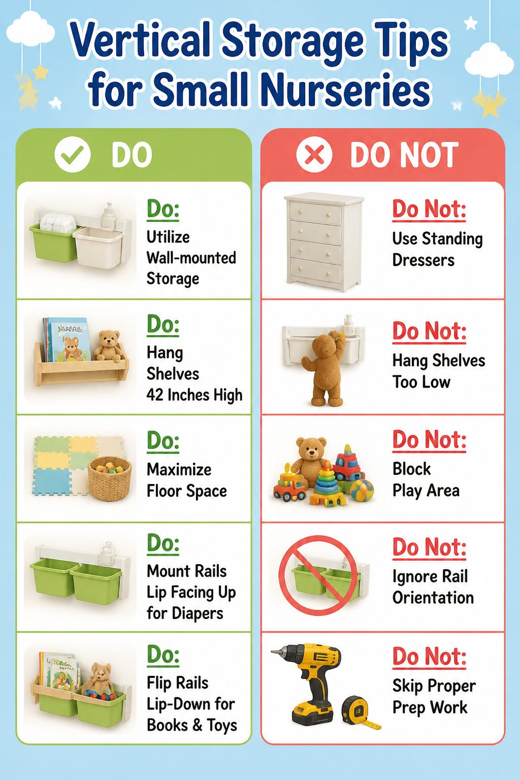 Wall-mounted storage solutions in a compact nursery.