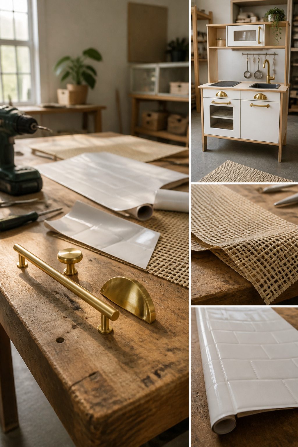 IKEA Play Kitchen Makeover: Seven Steps for a Full Refinish in 2026 6 Satin brass pulls replacing plastic handles on the kitchen doors.