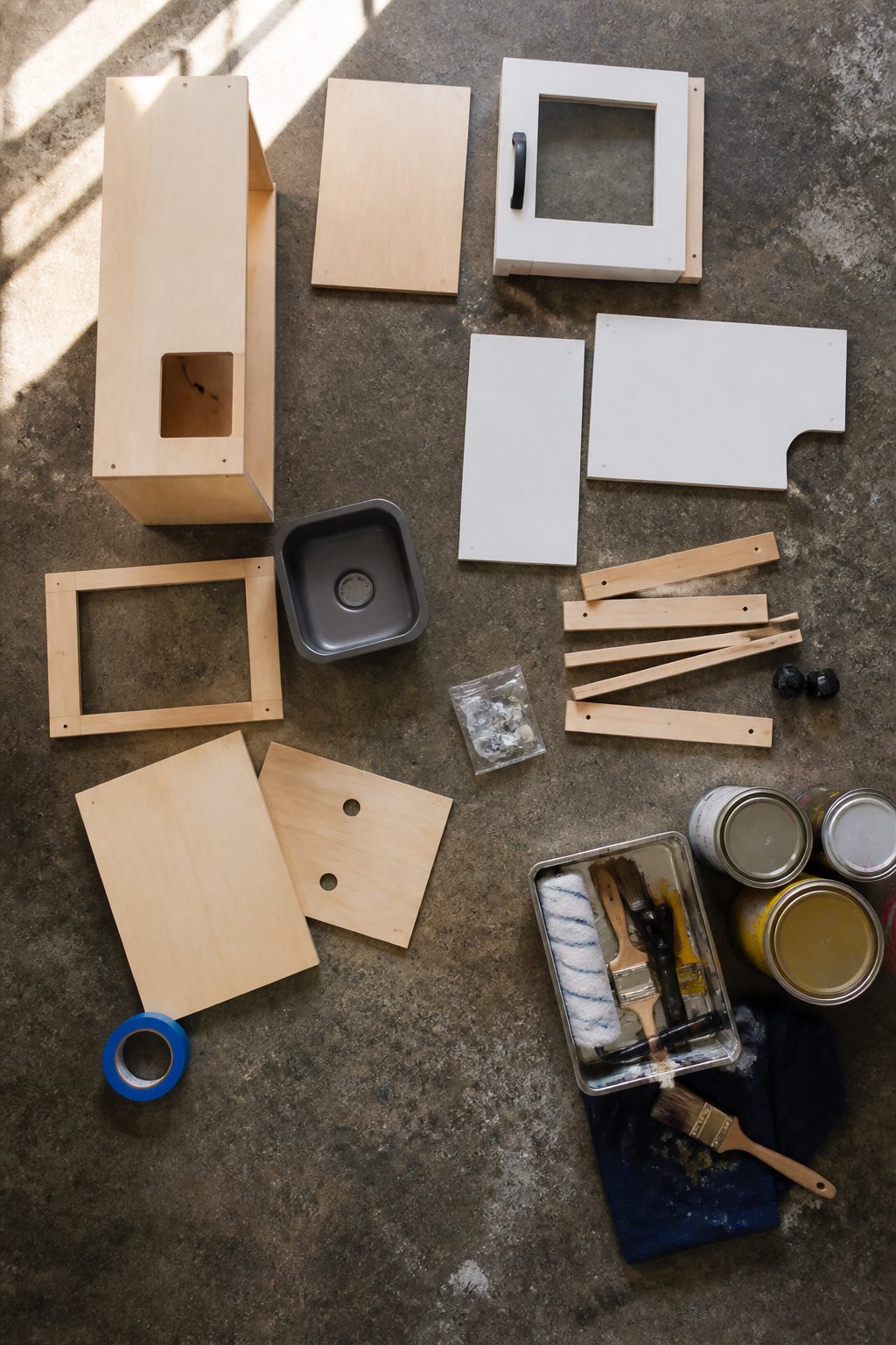 IKEA Play Kitchen Makeover: Seven Steps for a Full Refinish in 2026 1 IKEA Duktig kitchen parts laid out on the floor before assembly.
