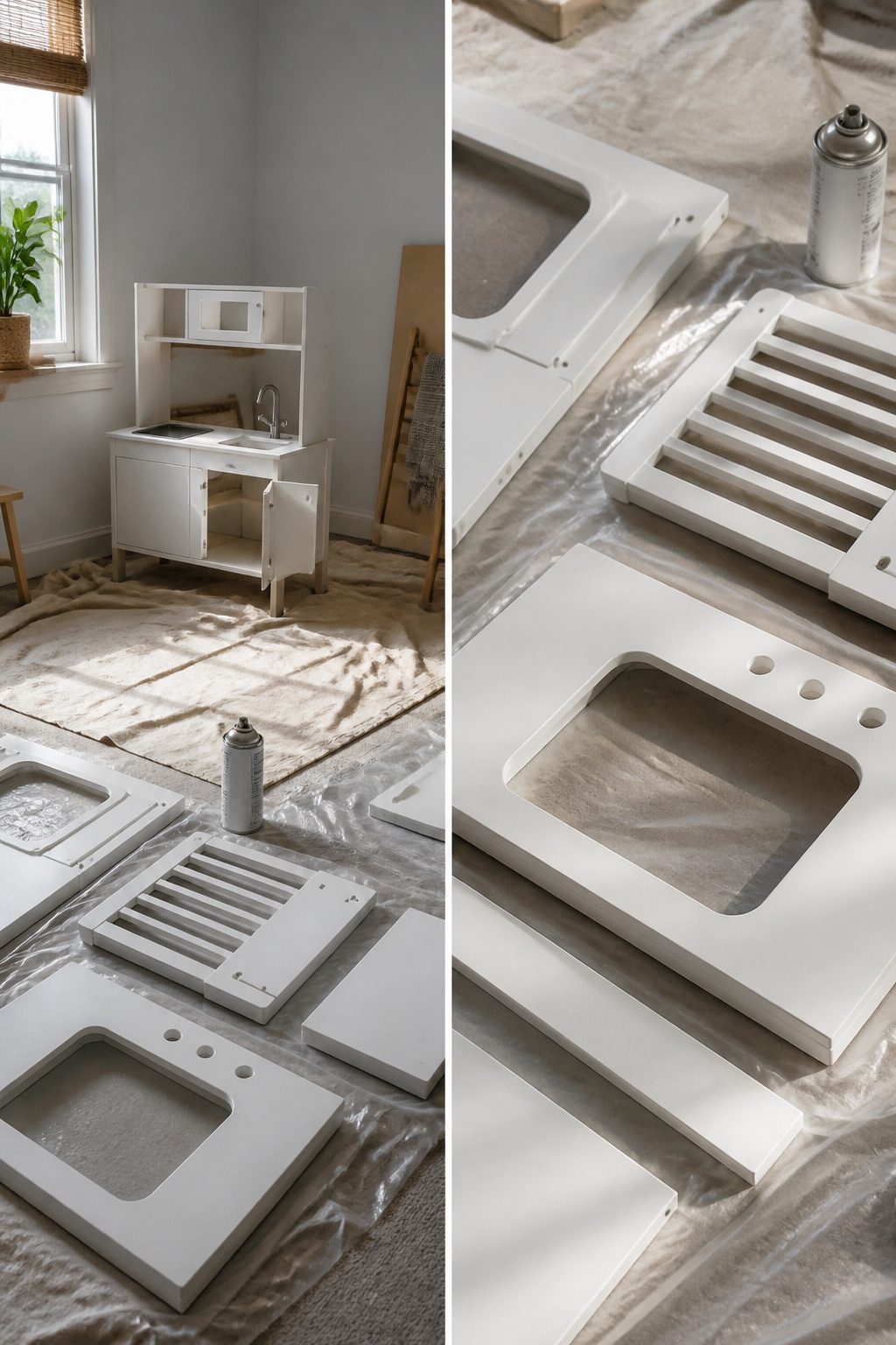 IKEA Play Kitchen Makeover: Seven Steps for a Full Refinish in 2026 3 Cans of primer ready for use on plastic components of the kitchen.