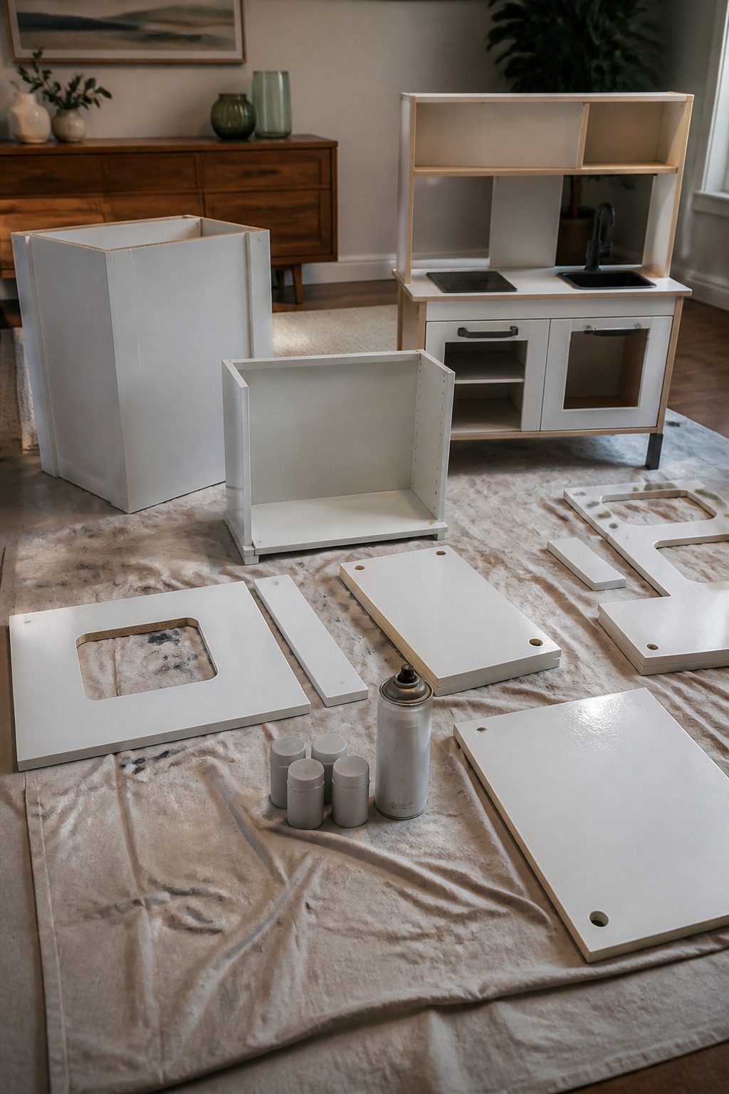 IKEA Play Kitchen Makeover: Seven Steps for a Full Refinish in 2026 5 Newly painted kitchen parts coated in clear sealant on a workbench.