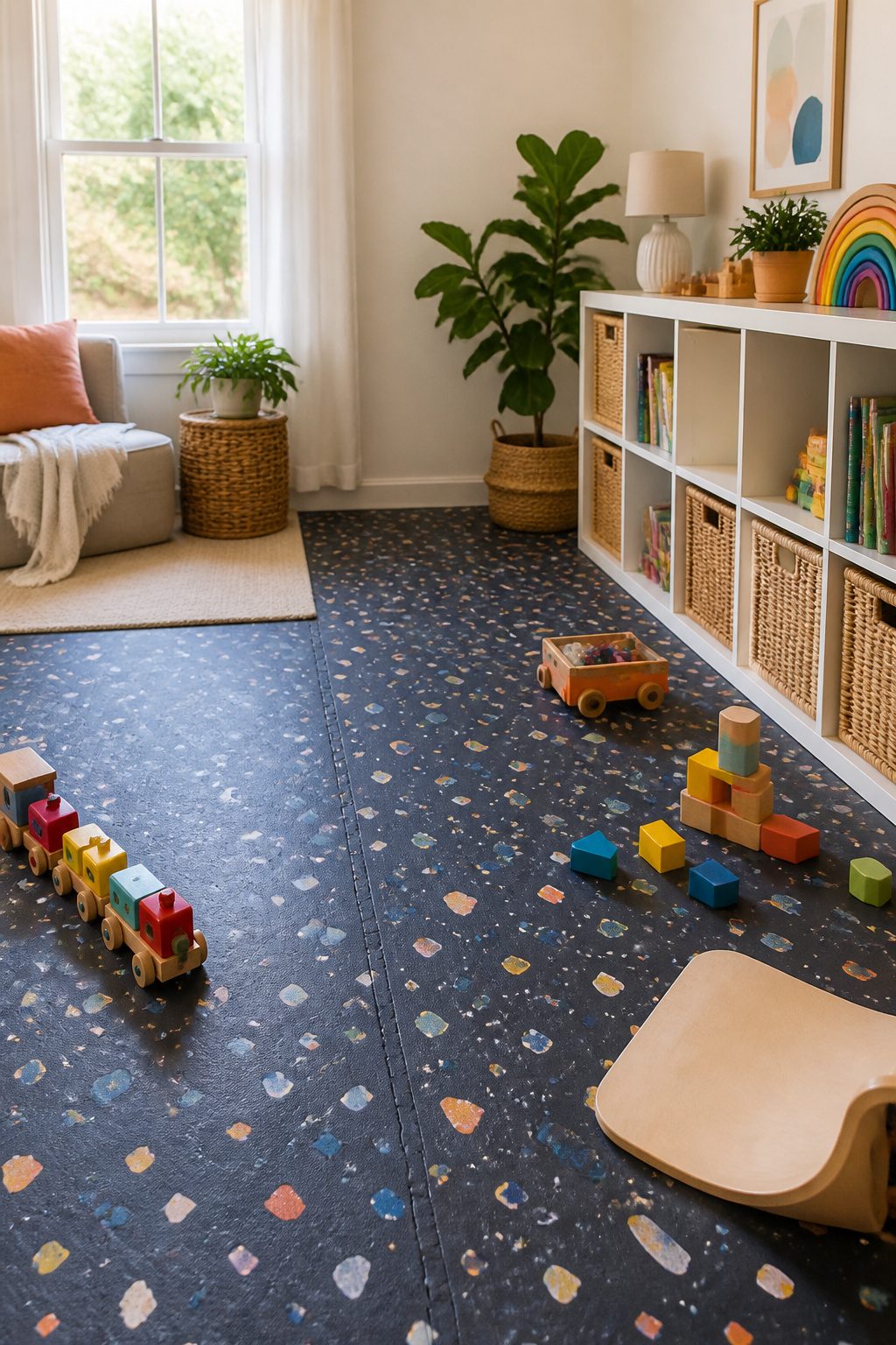Dark terrazzo print play mat under a KALLAX unit in the playroom.