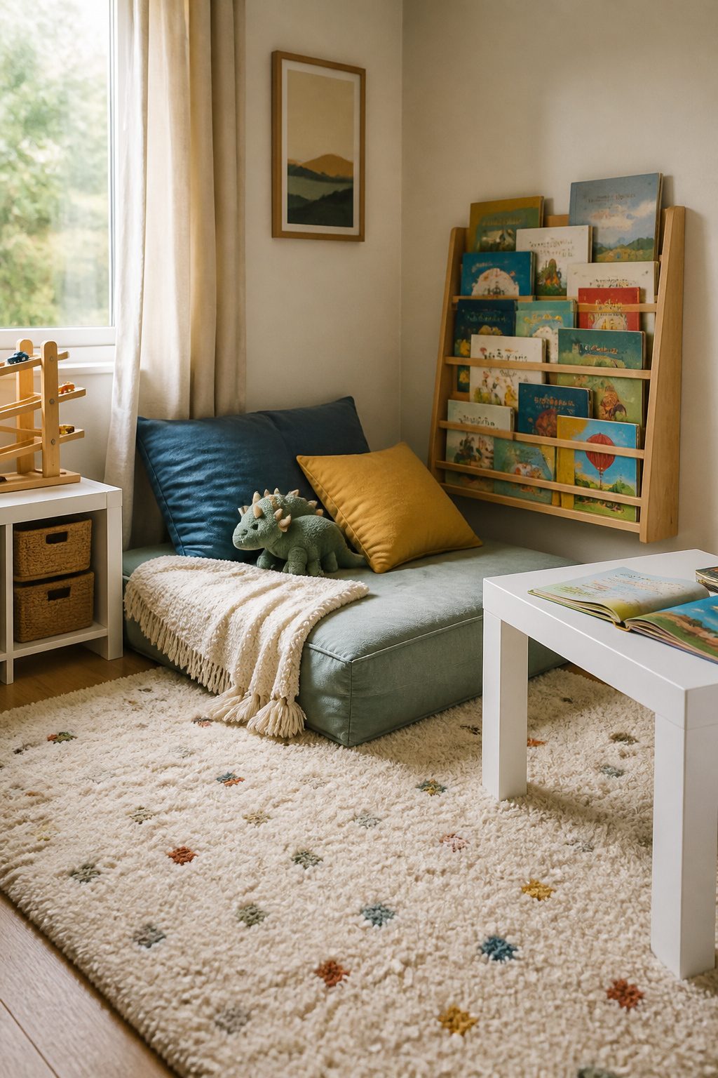 Reading nook with a foam pad, BEKVÄM spice rack, and picture books.