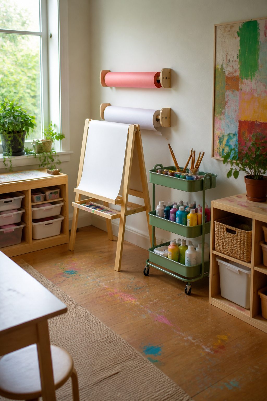 MALA easel with paper rolls and a RÅSKOG cart filled with art supplies.