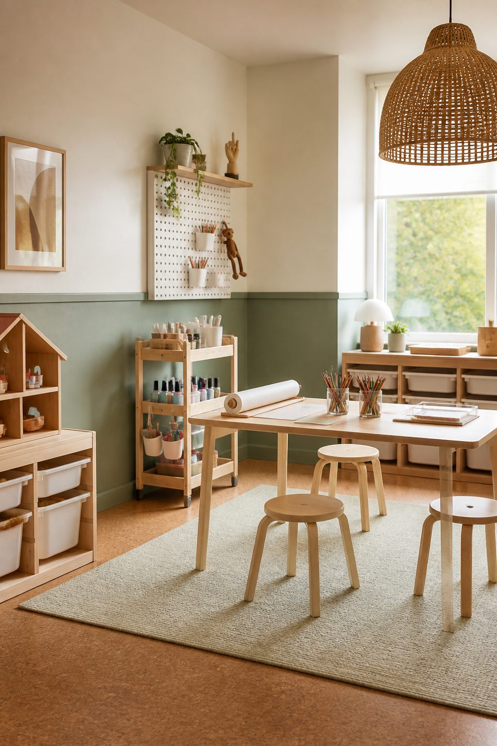Playroom with warm off-white walls and muted sage accents.