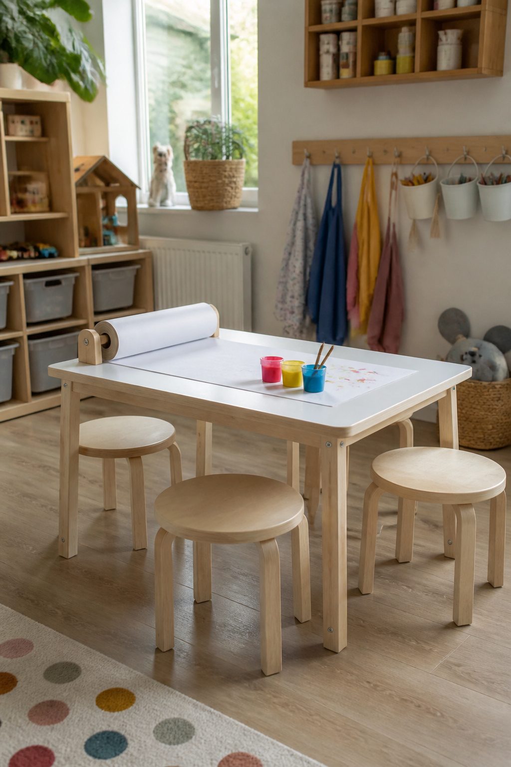 FLISAT table with a roll of paper and practical vinyl plank flooring.