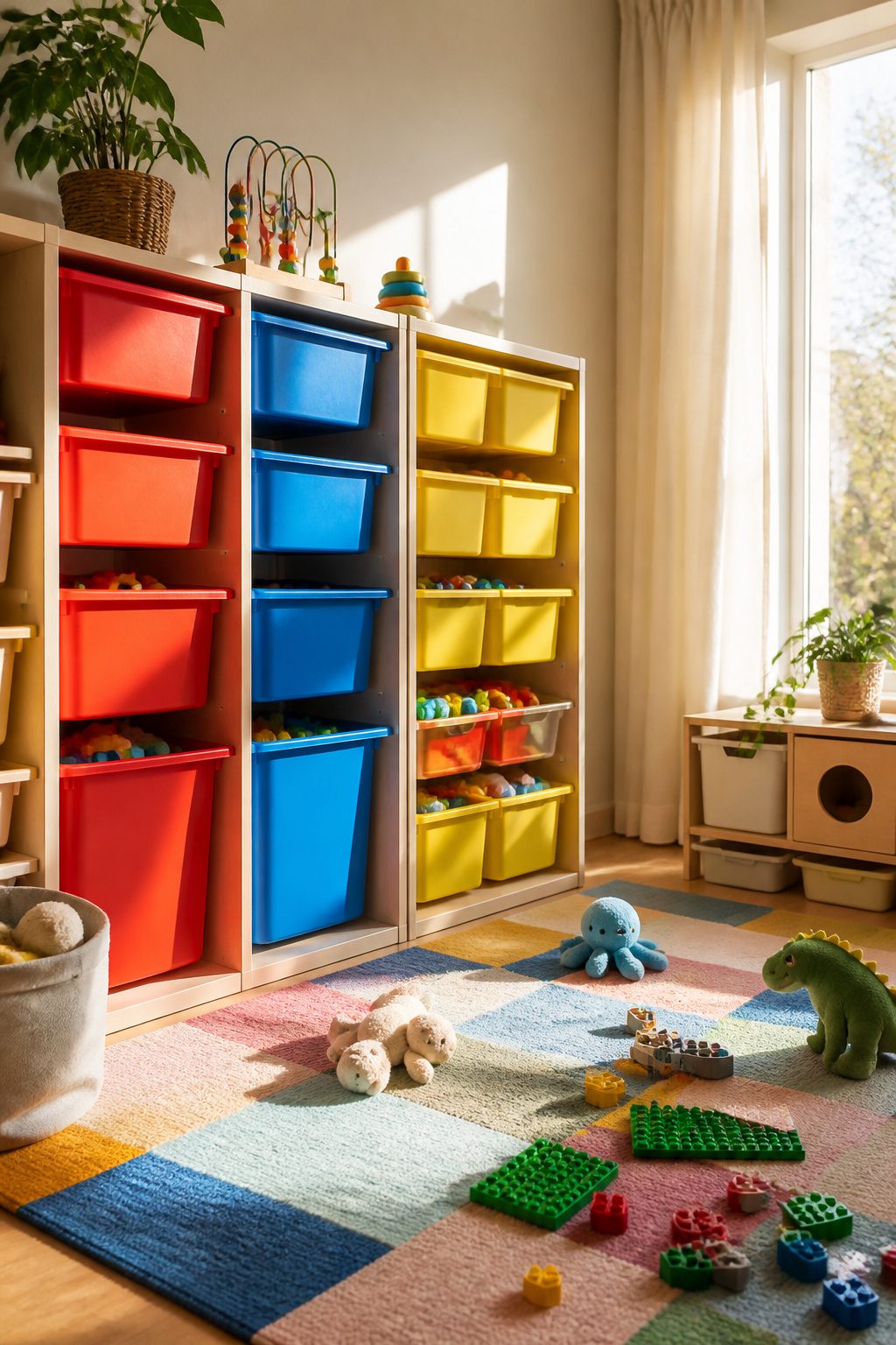Stacked TROFAST frames with colorful bins for organized toy storage.