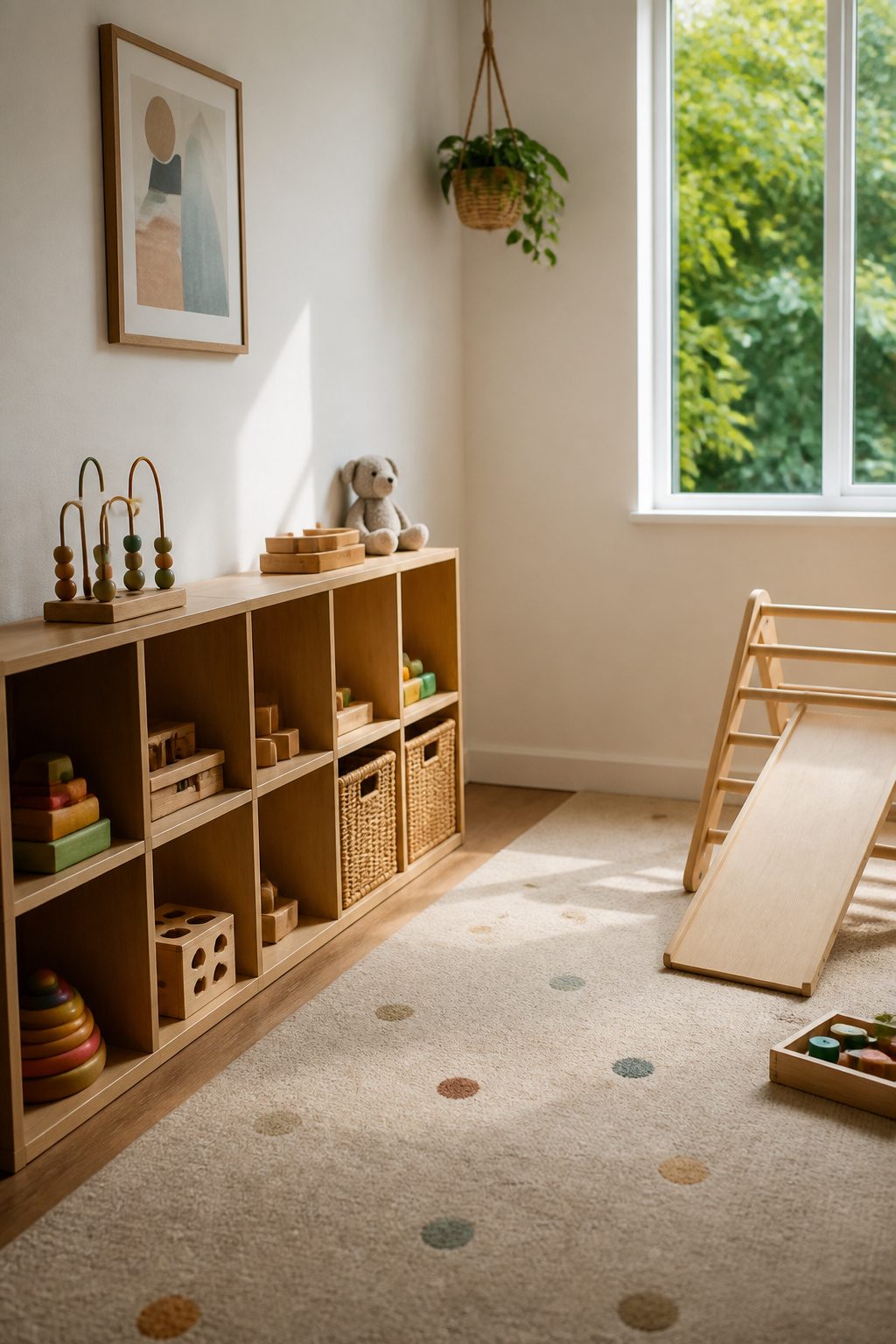 Narrow customized KALLAX shelving unit with toys and books nearby.