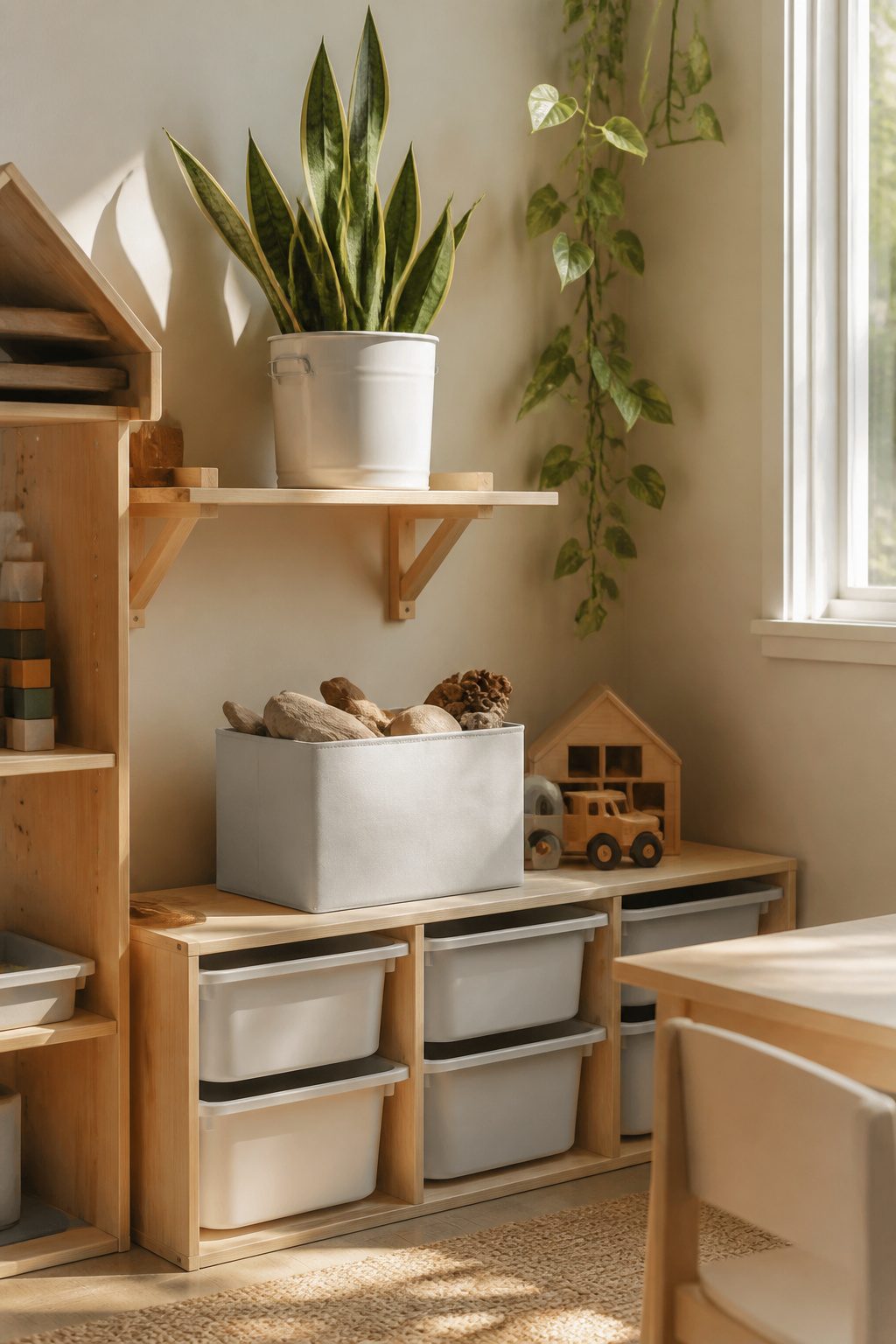 Snake plant on a shelf with a DRONA box labeled for nature exploration.