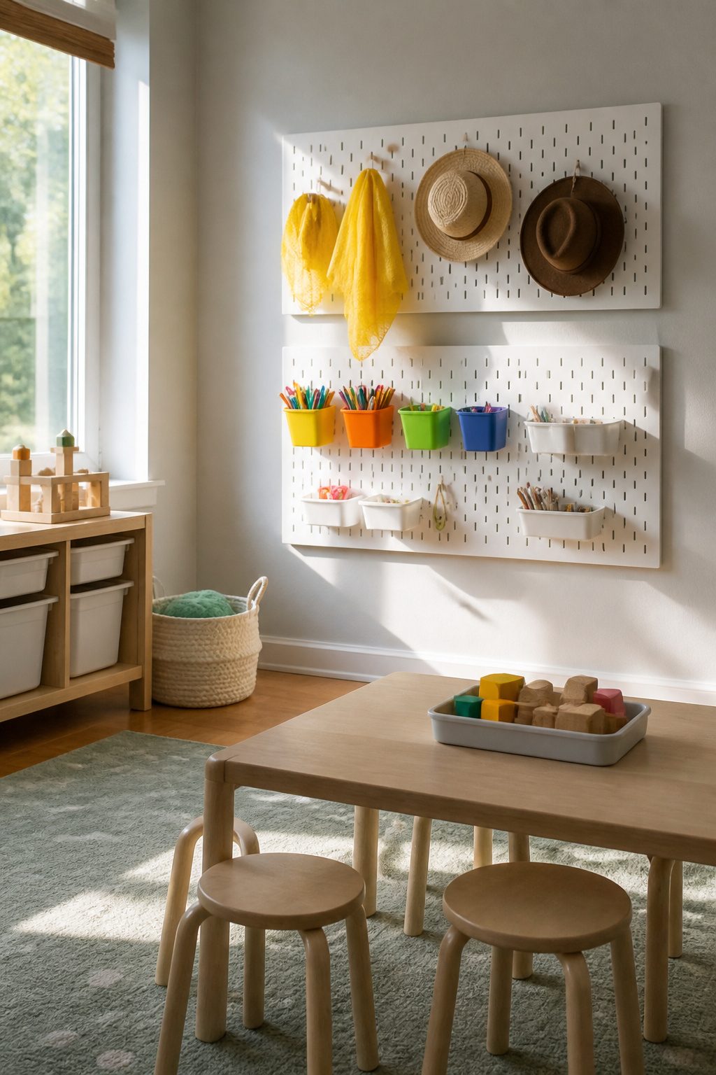 SKÅDIS pegboard with colorful cups and hooks for art supplies and costumes.
